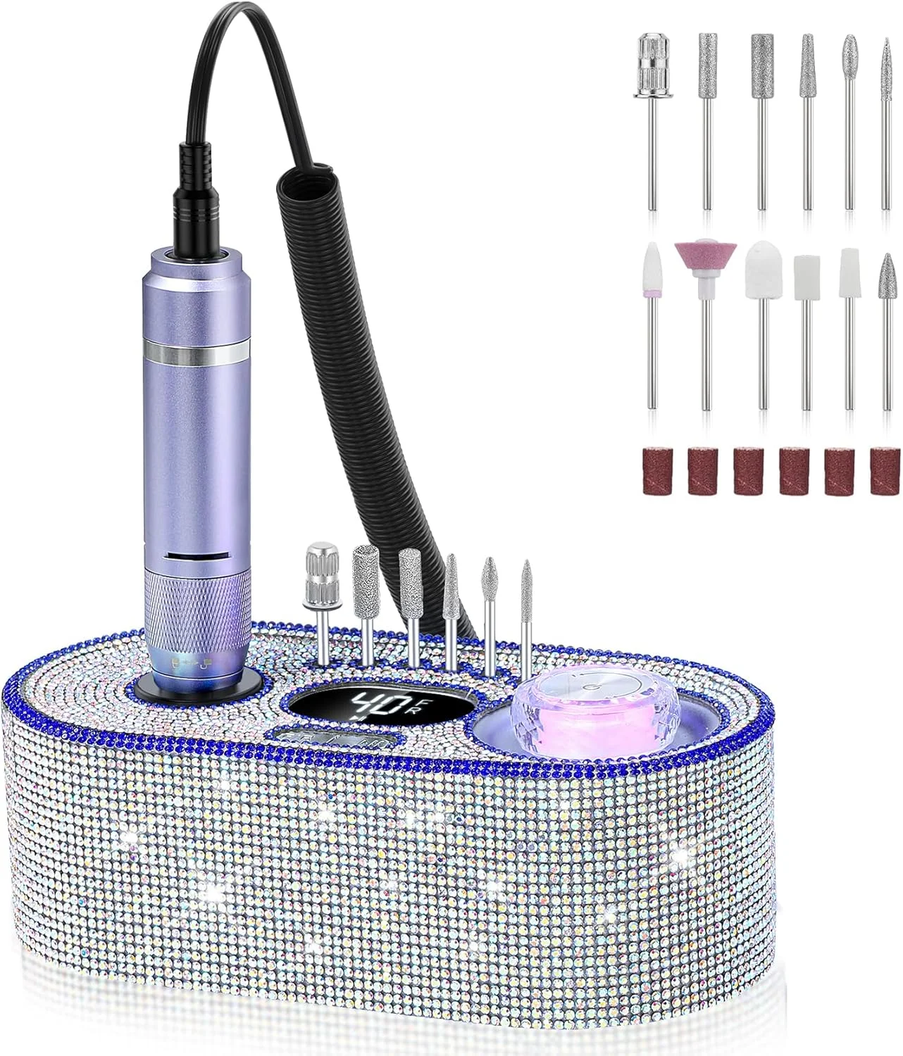 دستگاه سوهان برقی ناخن: کیت سوهان برقی حرفه ای DEDNMSCA Sparkly، دستگاه E-File 40000 دور در دقیقه با 12 سر سوهان برای از بین بردن ناخن های اکریلیک، لاک ژل ناخن، مانیکور برای سالن و خانه، کریستال الماس