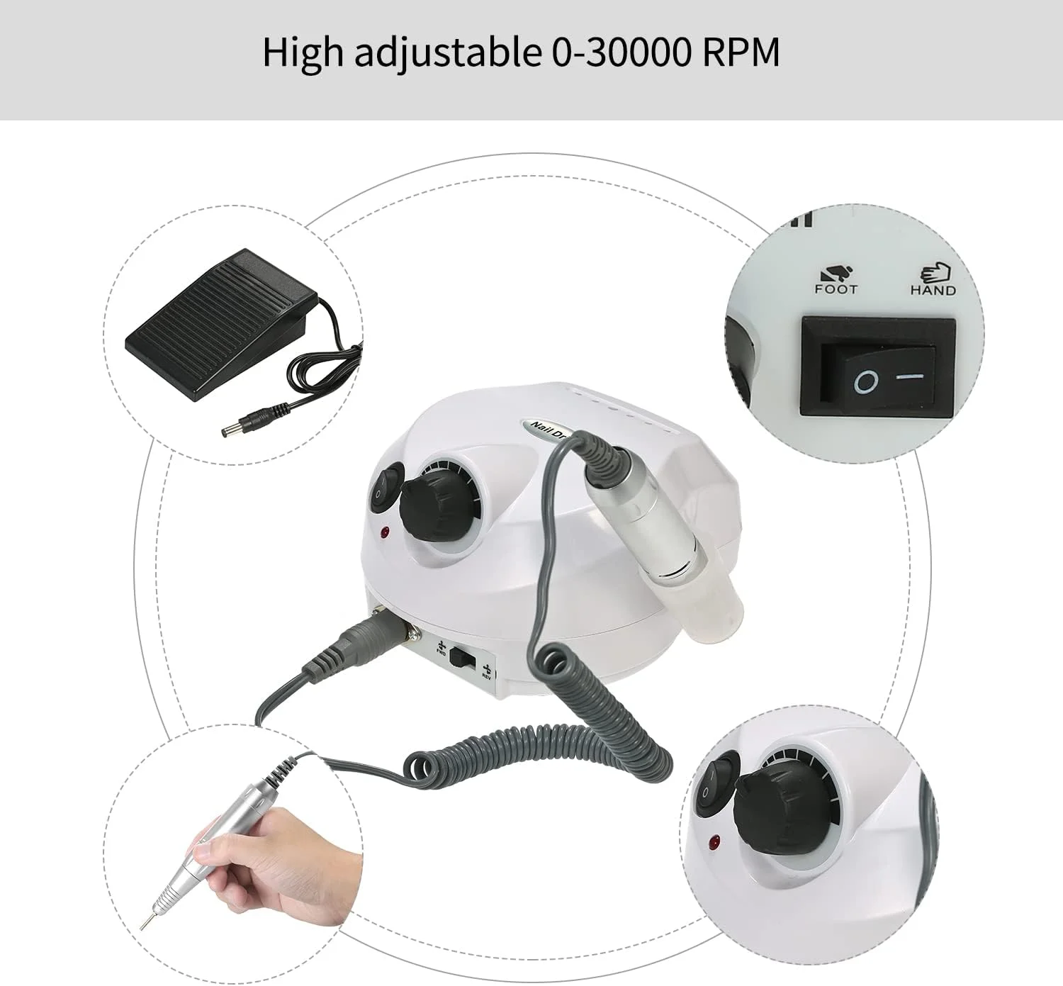 دستگاه سوهان برقی ناخن حرفه ای ایرومی 30000 دور در دقیقه، کیت پولیش و مانیکور پدیکور مناسب برای ناخن های ژلی و اکریلیک، دوشاخه EU، سفید
