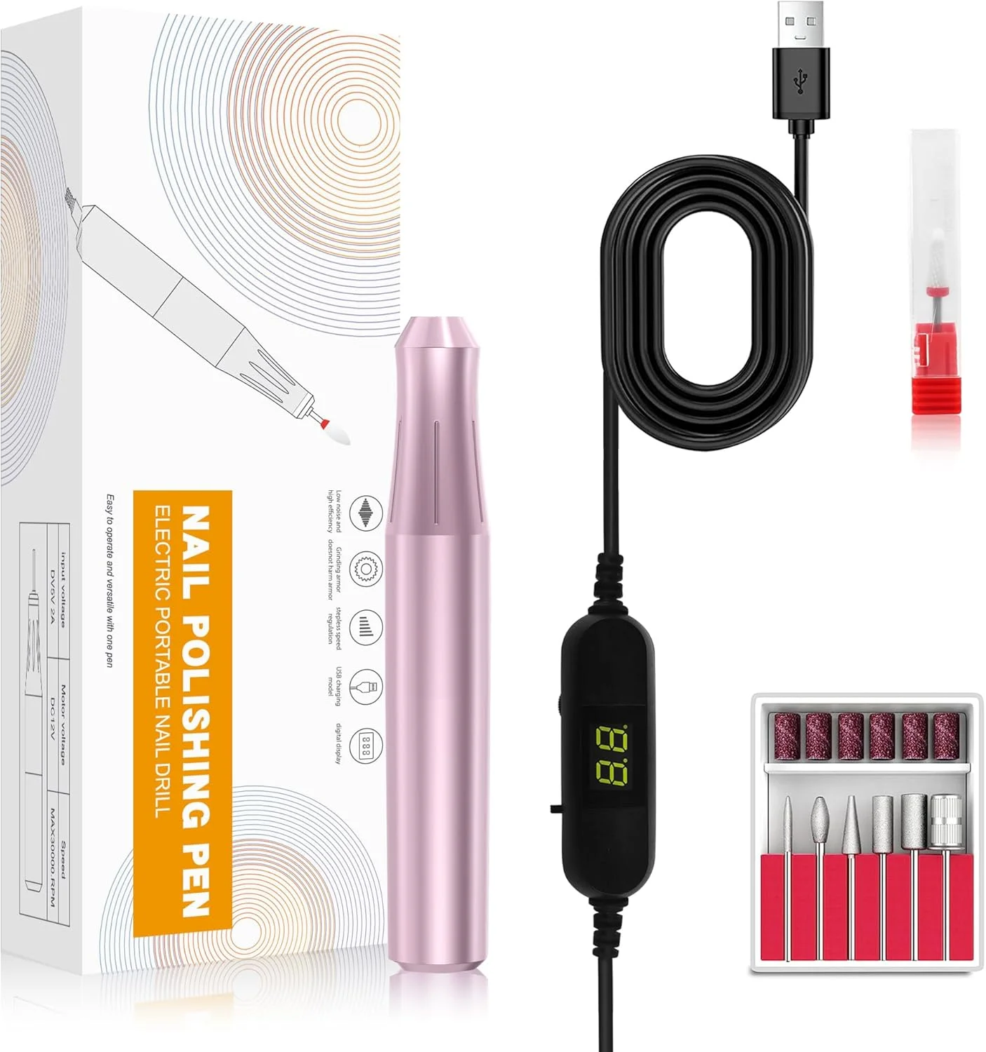 دستگاه سوهان برقی ناخن قابل حمل با سر پرداخت سرامیکی، صفحه نمایش سوهان ناخن DC12V USB قدرت قوی Efile برای ناخن های ژلی آکریلیک، ابزار طراحی شکل دهی و پرداخت مانیکور پدیکور برای سالن خانگی (صورتی)