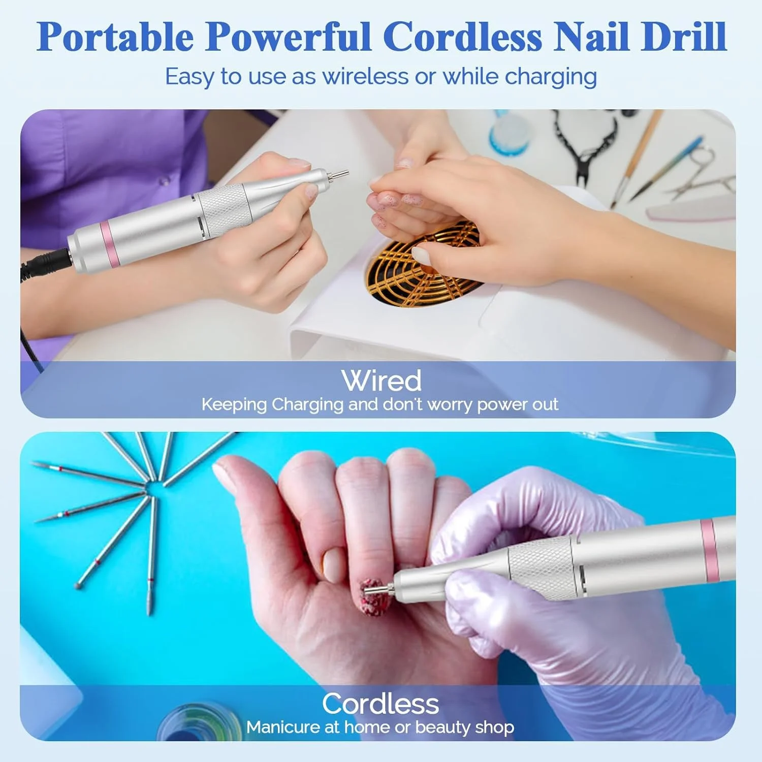 دستگاه سوهان برقی ناخن بی سیم NALACAL، حرفه ای 35000 دور در دقیقه، دستگاه سوهان برقی قابل شارژ برای از بین بردن لاک ژل و پولیش ناخن های اکریلیک، سوهان برقی قابل حمل با کیت سر سوهان برای مانیکور، نقره ای