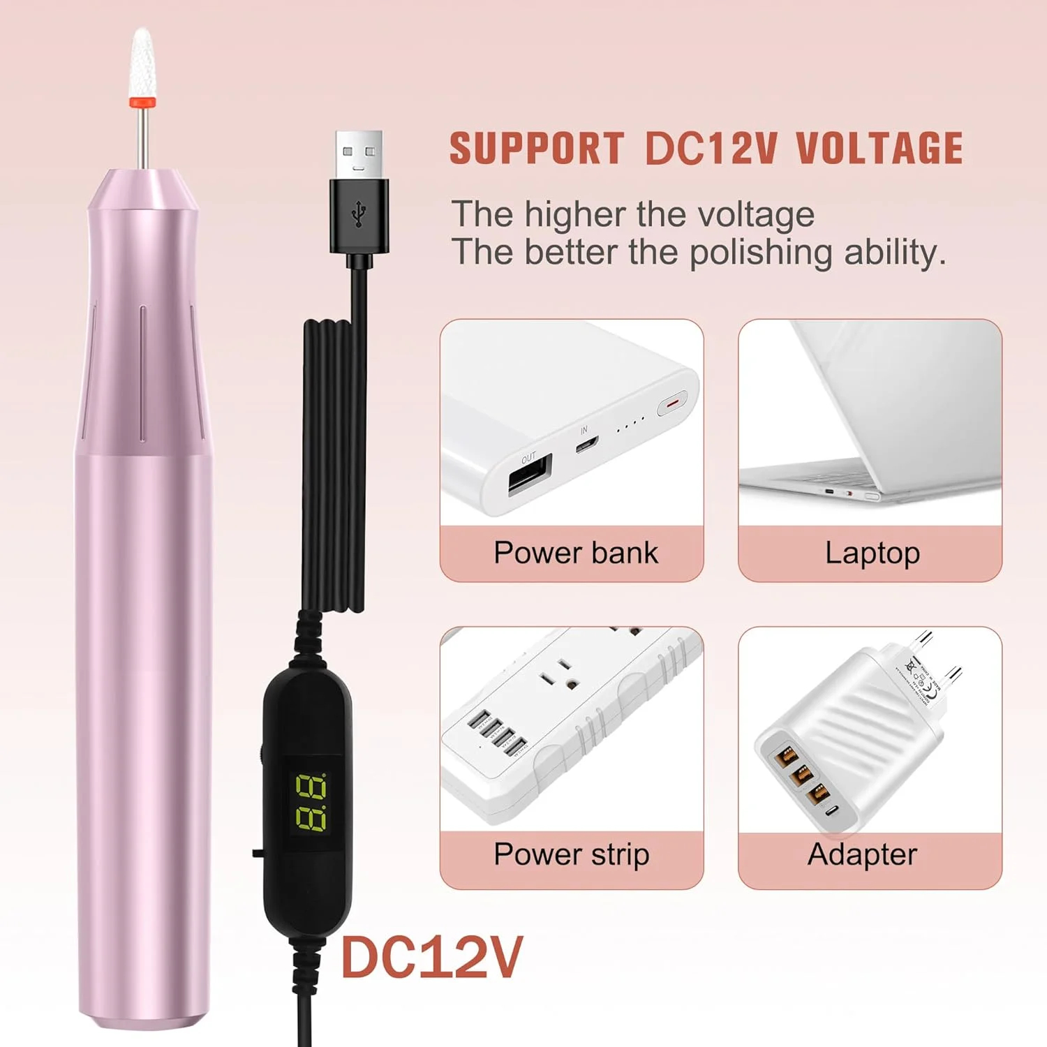 دستگاه سوهان برقی ناخن قابل حمل با سر پرداخت سرامیکی، صفحه نمایش سوهان ناخن DC12V USB قدرت قوی Efile برای ناخن های ژلی آکریلیک، ابزار طراحی شکل دهی و پرداخت مانیکور پدیکور برای سالن خانگی (صورتی)