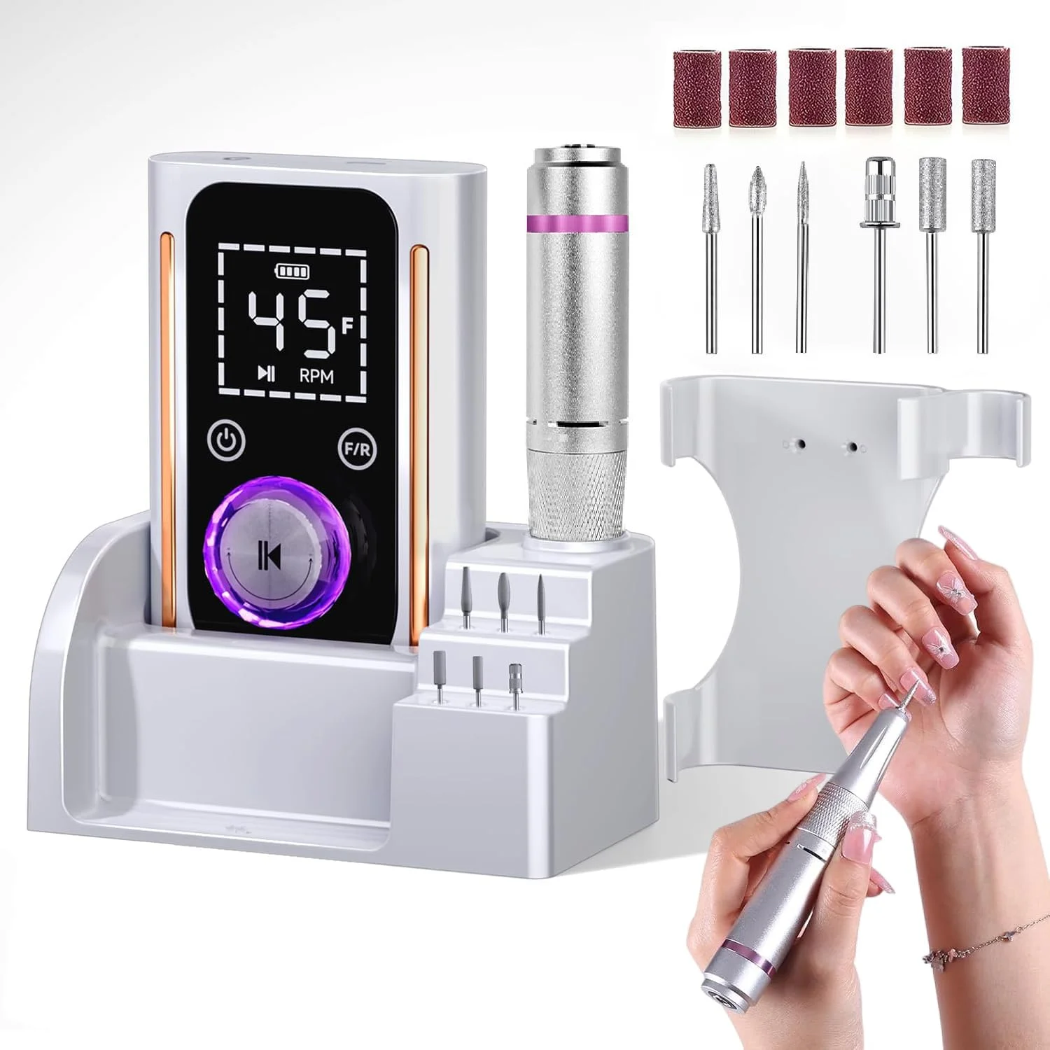 دستگاه پولیش ناخن، دریل ناخن، سوهان برقی قابل حمل 45000 دور در دقیقه، پولیش ناخن، دریل ناخن شارژی حرفه ای با متعلقات و پایه، برای ناخن های ژلی آکریلیک، دستگاه ای-فایل
