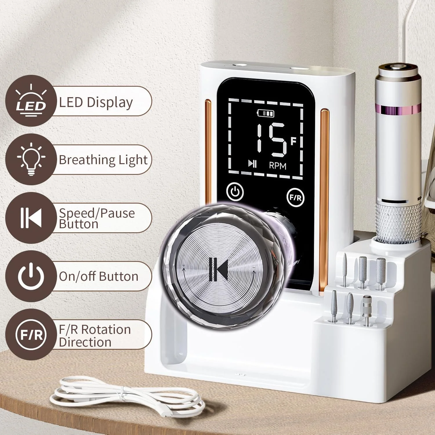 دستگاه پولیش ناخن، دریل ناخن، سوهان برقی قابل حمل 45000 دور در دقیقه، پولیش ناخن، دریل ناخن شارژی حرفه ای با متعلقات و پایه، برای ناخن های ژلی آکریلیک، دستگاه ای-فایل