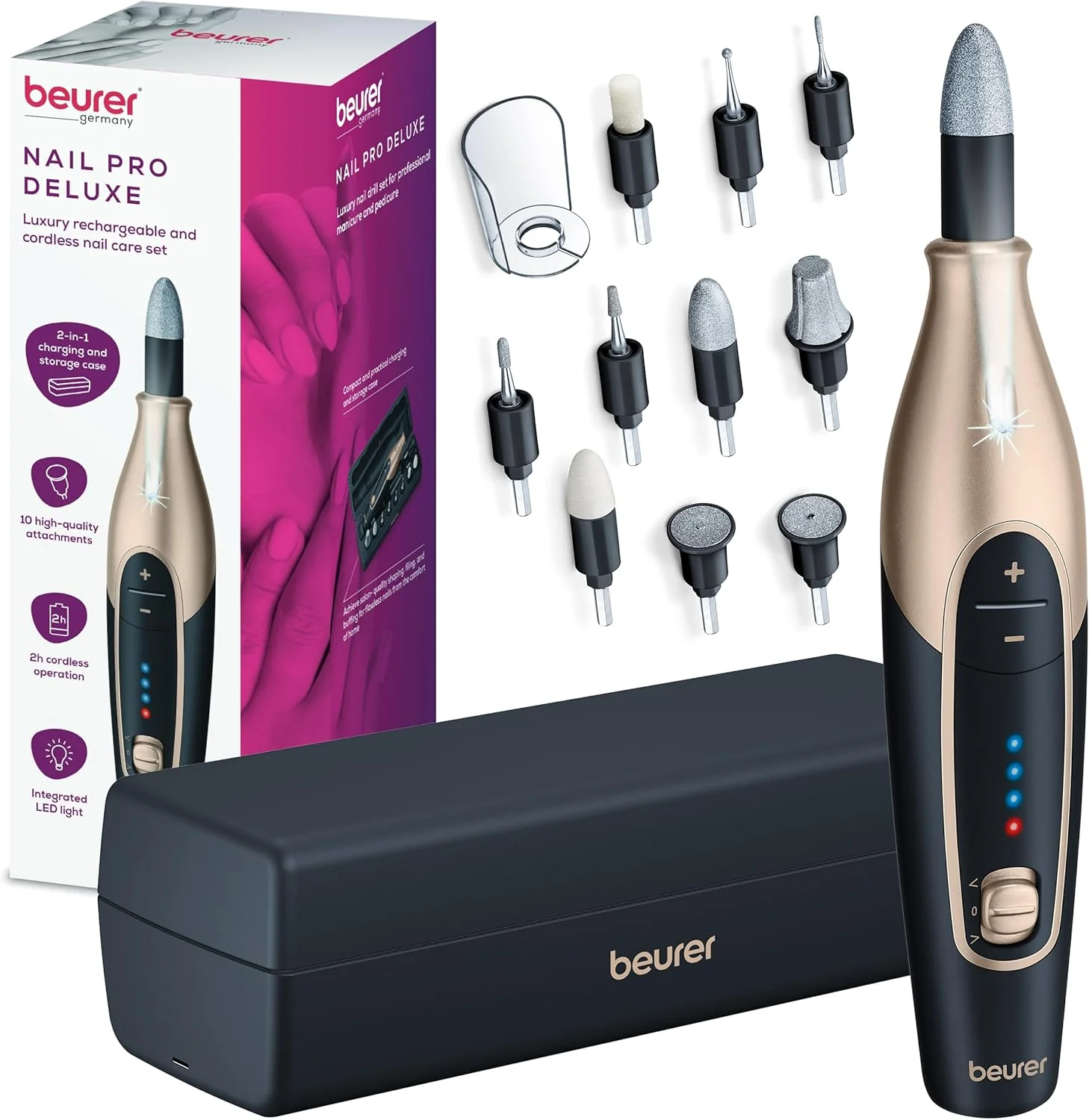 ست مانیکور و پدیکور برقی Beurer MP 84 نسخه ویژه، سوهان ناخن برقی با باتری، 10 سری، چراغ LED با جعبه نگهداری، تا 4400 دور در دقیقه، دستگاه برش ناخن برای مراقبت از دست و پا، مشکی