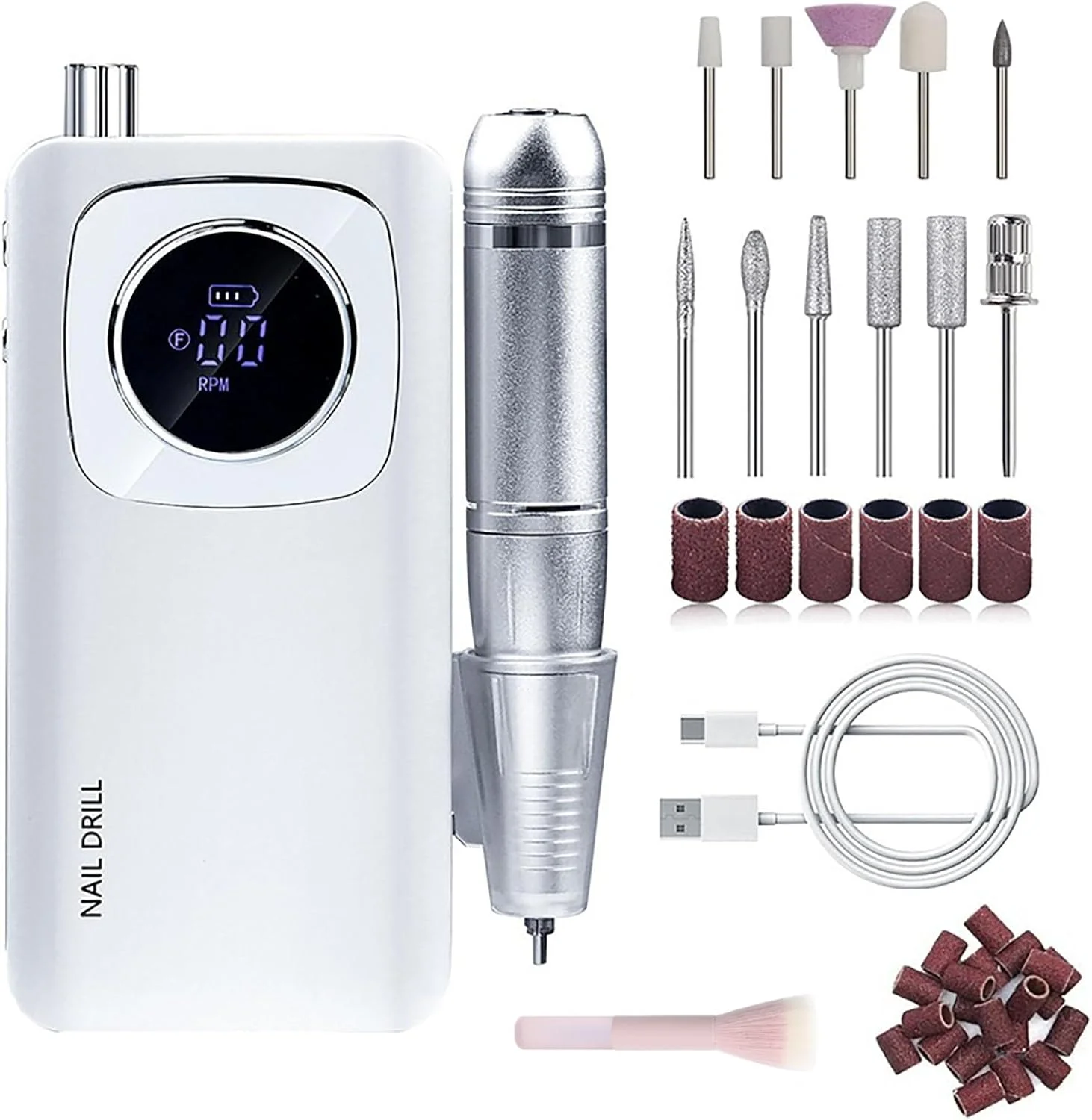 دستگاه سوهان برقی ناخن، 45000 دور در دقیقه، قابل حمل و بی سیم، به همراه متعلقات، مناسب برای پولیش ناخن های اکریلیک و ژل