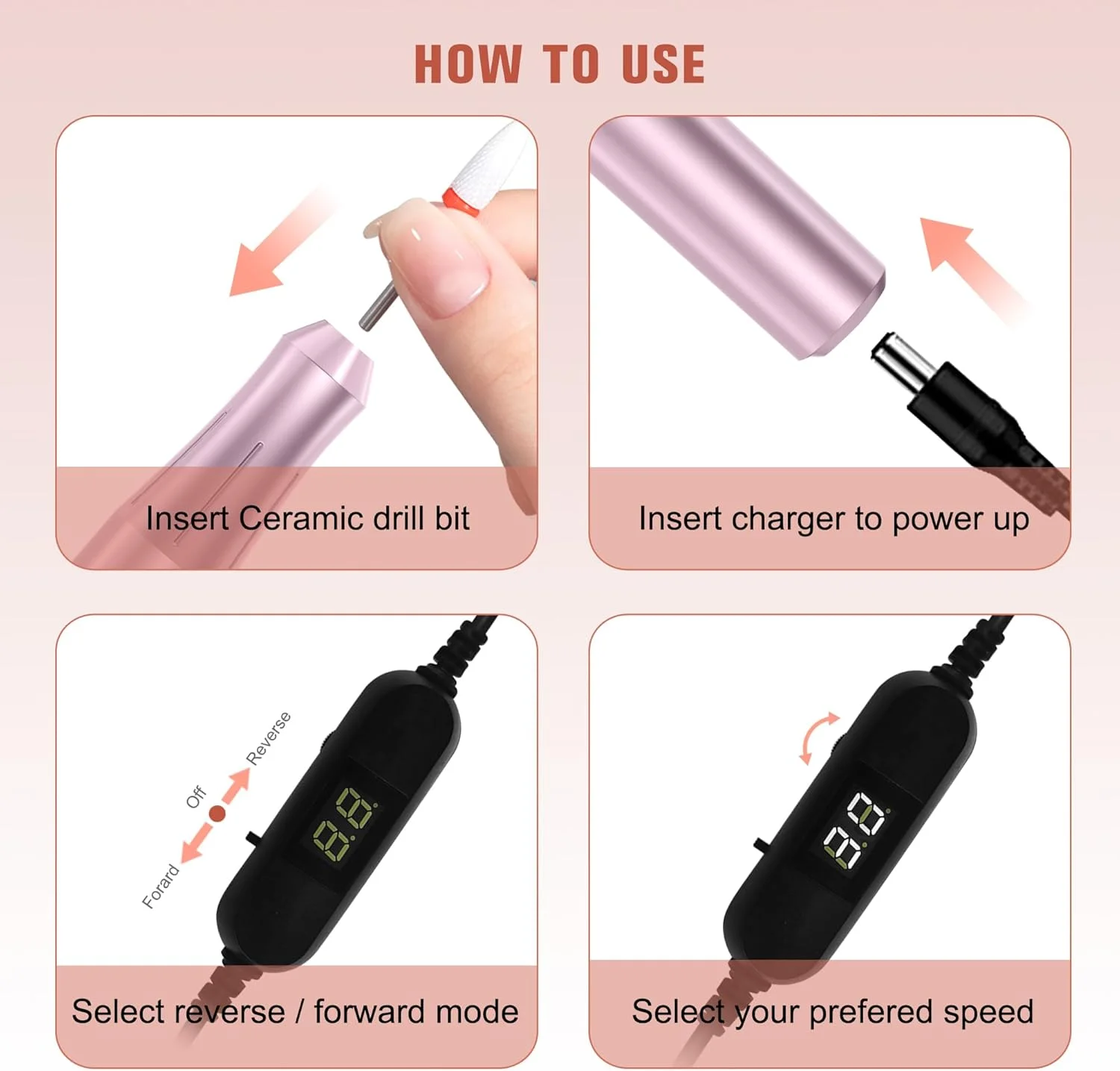 دستگاه سوهان برقی ناخن قابل حمل با سر پرداخت سرامیکی، صفحه نمایش سوهان ناخن DC12V USB قدرت قوی Efile برای ناخن های ژلی آکریلیک، ابزار طراحی شکل دهی و پرداخت مانیکور پدیکور برای سالن خانگی (صورتی)