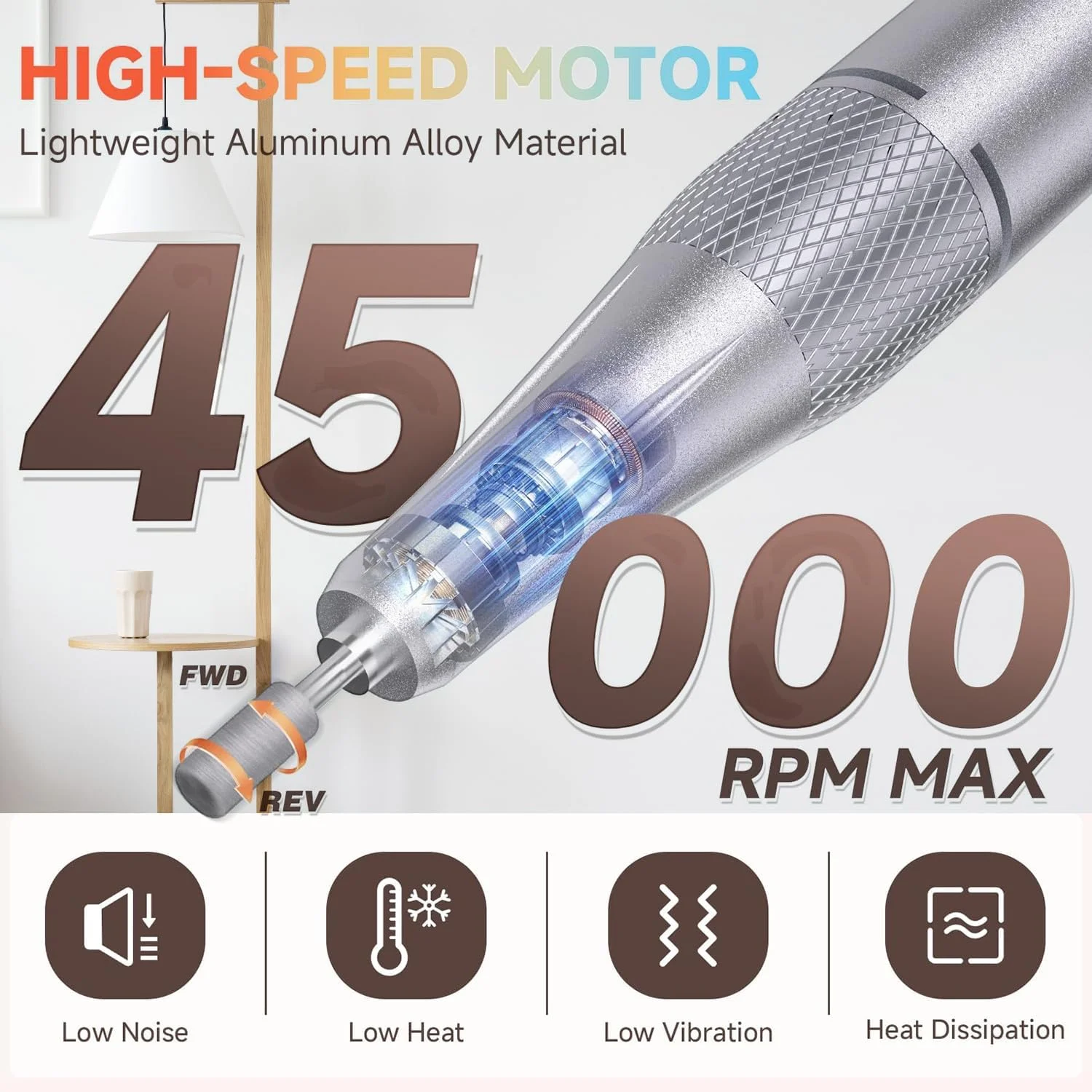 دستگاه پولیش ناخن، دریل ناخن، سوهان برقی قابل حمل 45000 دور در دقیقه، پولیش ناخن، دریل ناخن شارژی حرفه ای با متعلقات و پایه، برای ناخن های ژلی آکریلیک، دستگاه ای-فایل