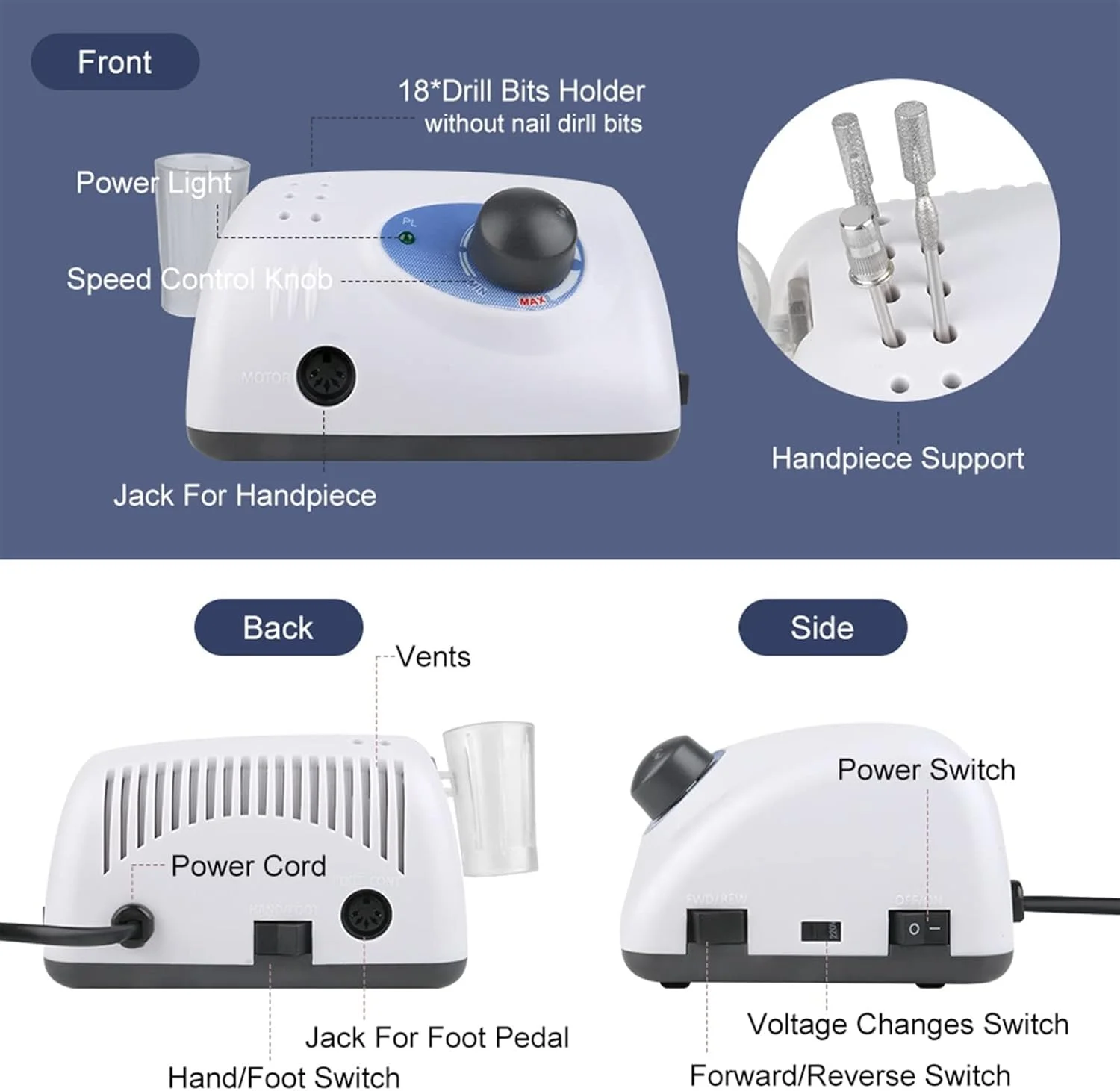 دستگاه سوهان ناخن استرانگ 210 105L، 65 وات، 35000 دور، به همراه سری های مانیکور، دستگاه برقی سوهان ناخن، دستگاه فرز مانیکور، پولیش و سوهان ناخن