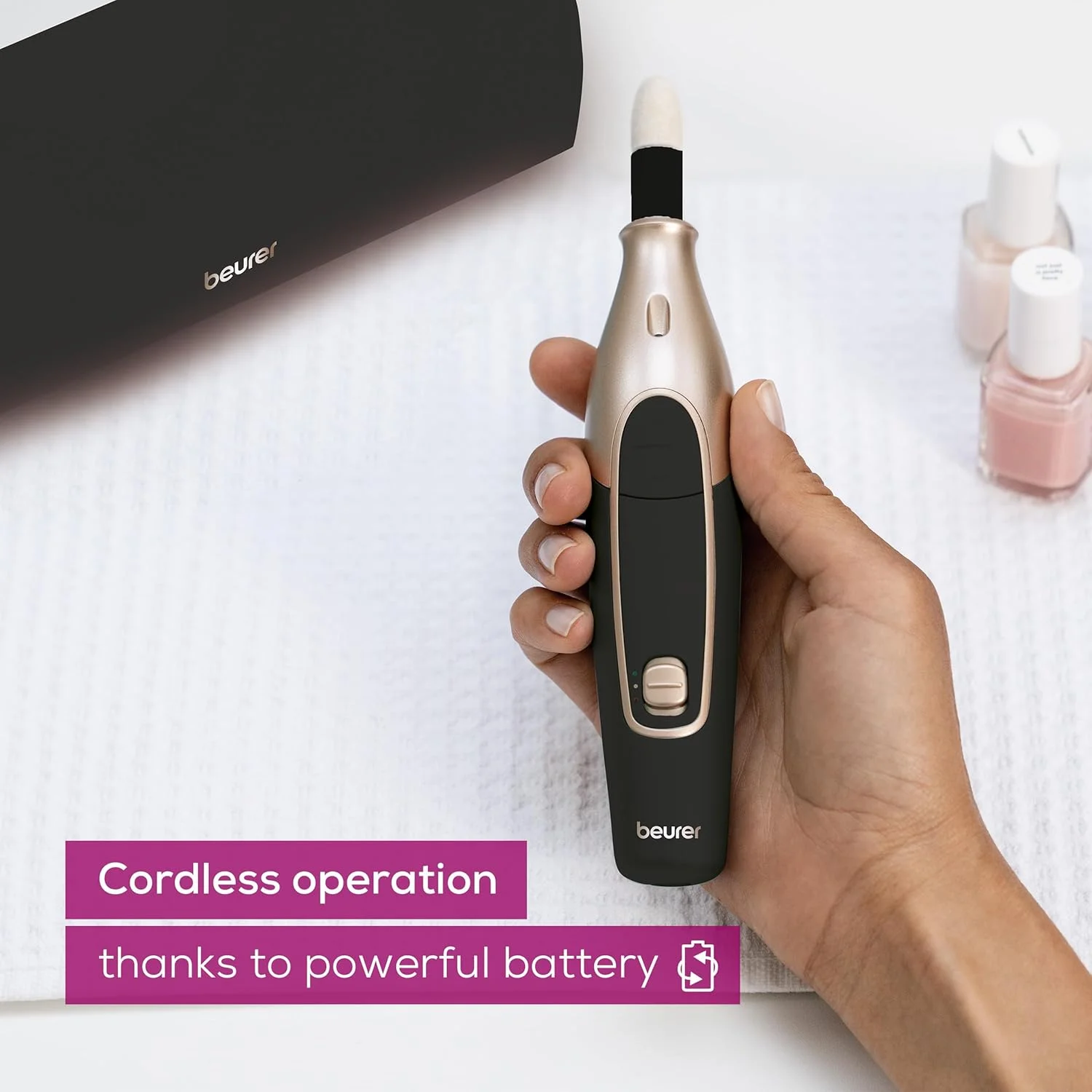 ست مانیکور و پدیکور برقی Beurer MP 84 نسخه ویژه، سوهان ناخن برقی با باتری، 10 سری، چراغ LED با جعبه نگهداری، تا 4400 دور در دقیقه، دستگاه برش ناخن برای مراقبت از دست و پا، مشکی