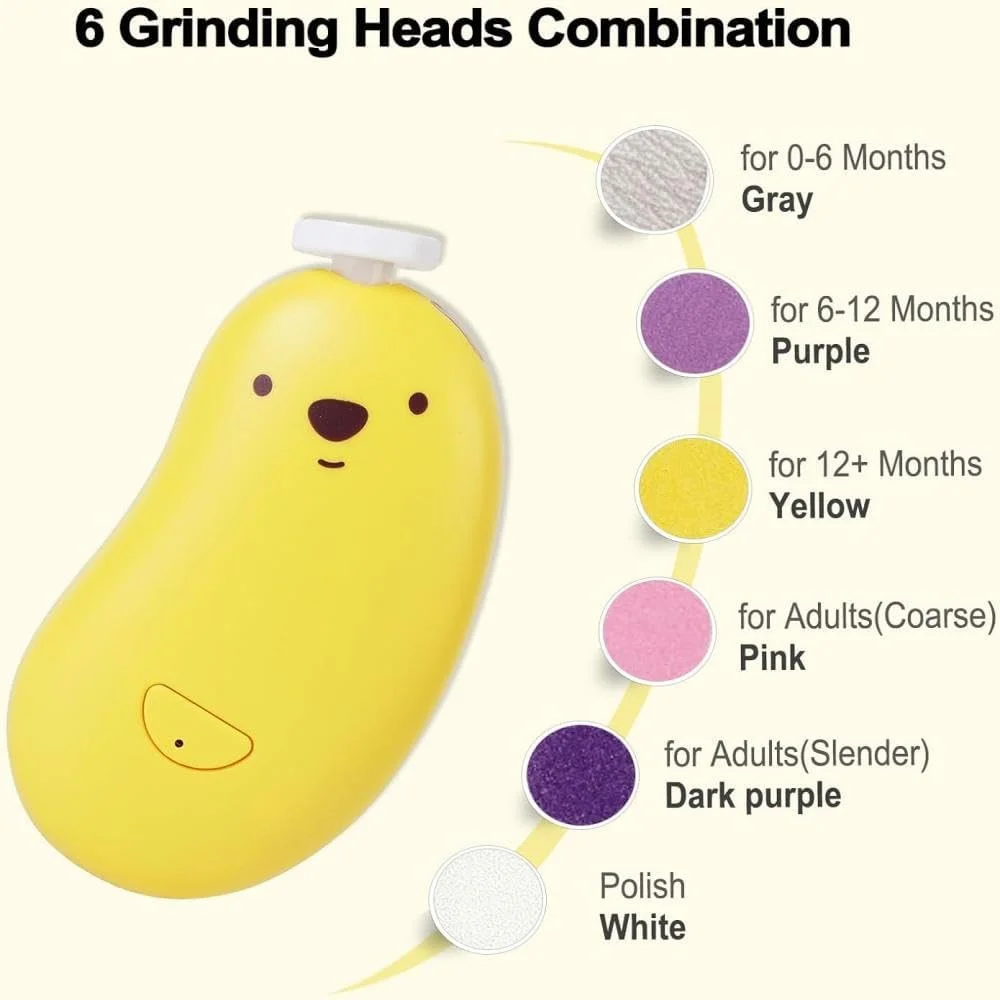 ست سوهان ناخن برقی قابل شارژ Erweicet با 6 سری سنگ زنی و چراغ LED برای نوزاد، کودک نوپا، کودکان، پولیش ناخن های پا و دست، مراقبت از پیرایش (زرد، تعداد 1، 80/80 گریت)