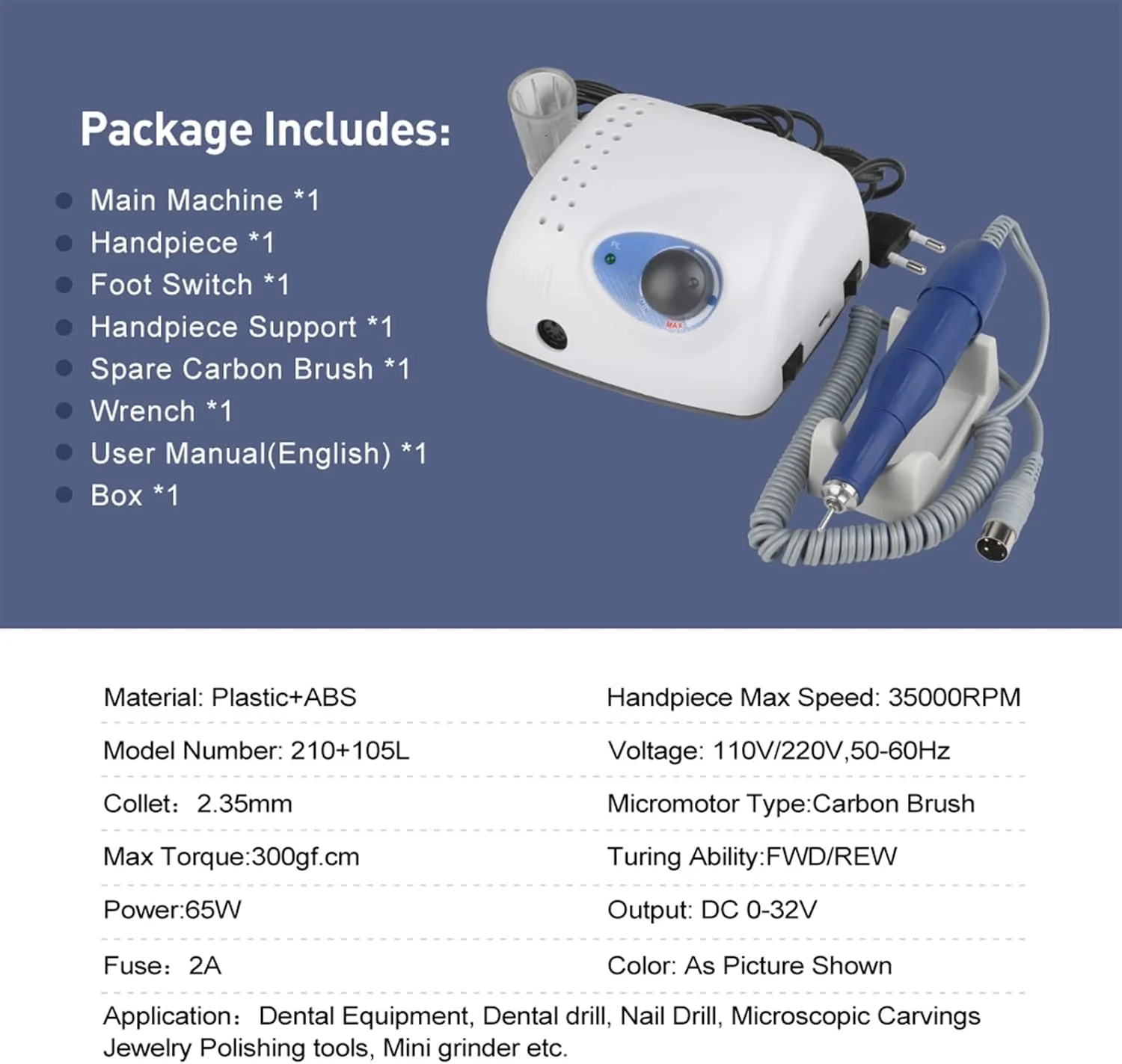 دستگاه سوهان ناخن استرانگ 210 105L، 65 وات، 35000 دور، به همراه سری های مانیکور، دستگاه برقی سوهان ناخن، دستگاه فرز مانیکور، پولیش و سوهان ناخن