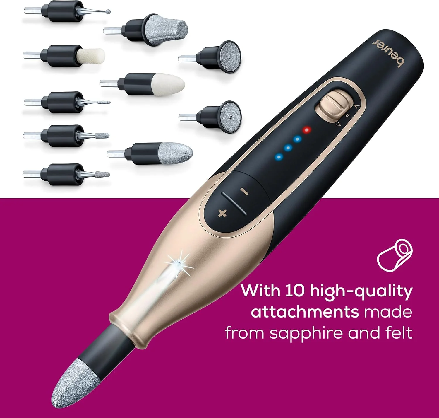 ست مانیکور و پدیکور برقی Beurer MP 84 نسخه ویژه، سوهان ناخن برقی با باتری، 10 سری، چراغ LED با جعبه نگهداری، تا 4400 دور در دقیقه، دستگاه برش ناخن برای مراقبت از دست و پا، مشکی
