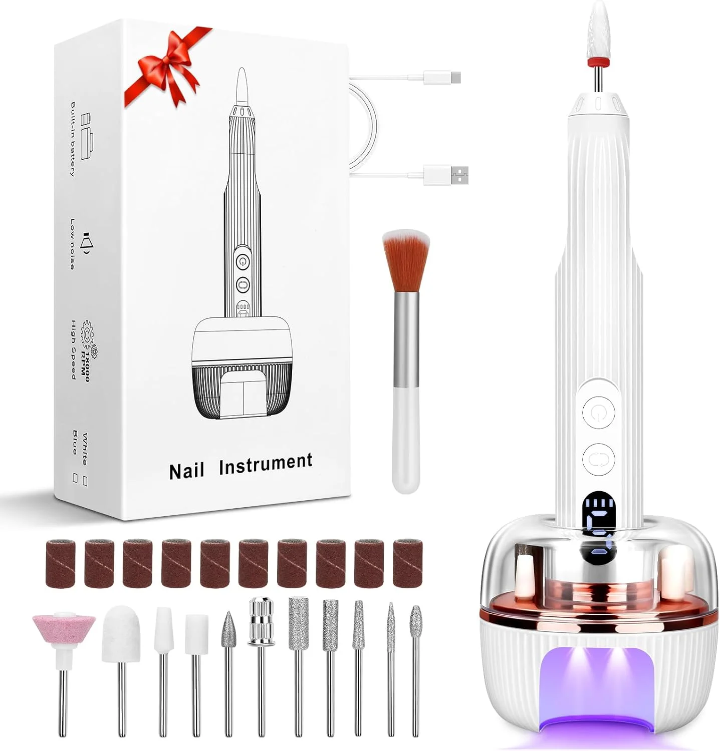 دستگاه سوهان برقی ناخن قابل حمل 3 در 1، 18000 دور در دقیقه با 5 سرعت قابل تنظیم، دارای چراغ ناخن داخلی، سوهان برقی حرفه ای ناخن با 12 سر سنگ زنی برای ابزارهای مانیکور و پدیکور DIY