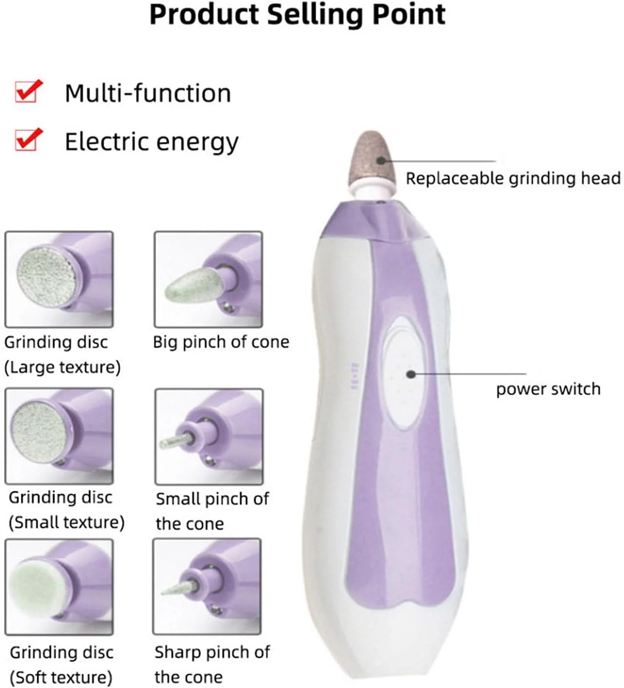 ست سوهان ناخن برقی Cryfokt، دستگاه سوهان چرخشی پرسرعت برای از بین بردن پوست مرده و طراحی ناخن، دستگاه پولیش قابل حمل با 6 سری برای استفاده خانگی - بنفش
