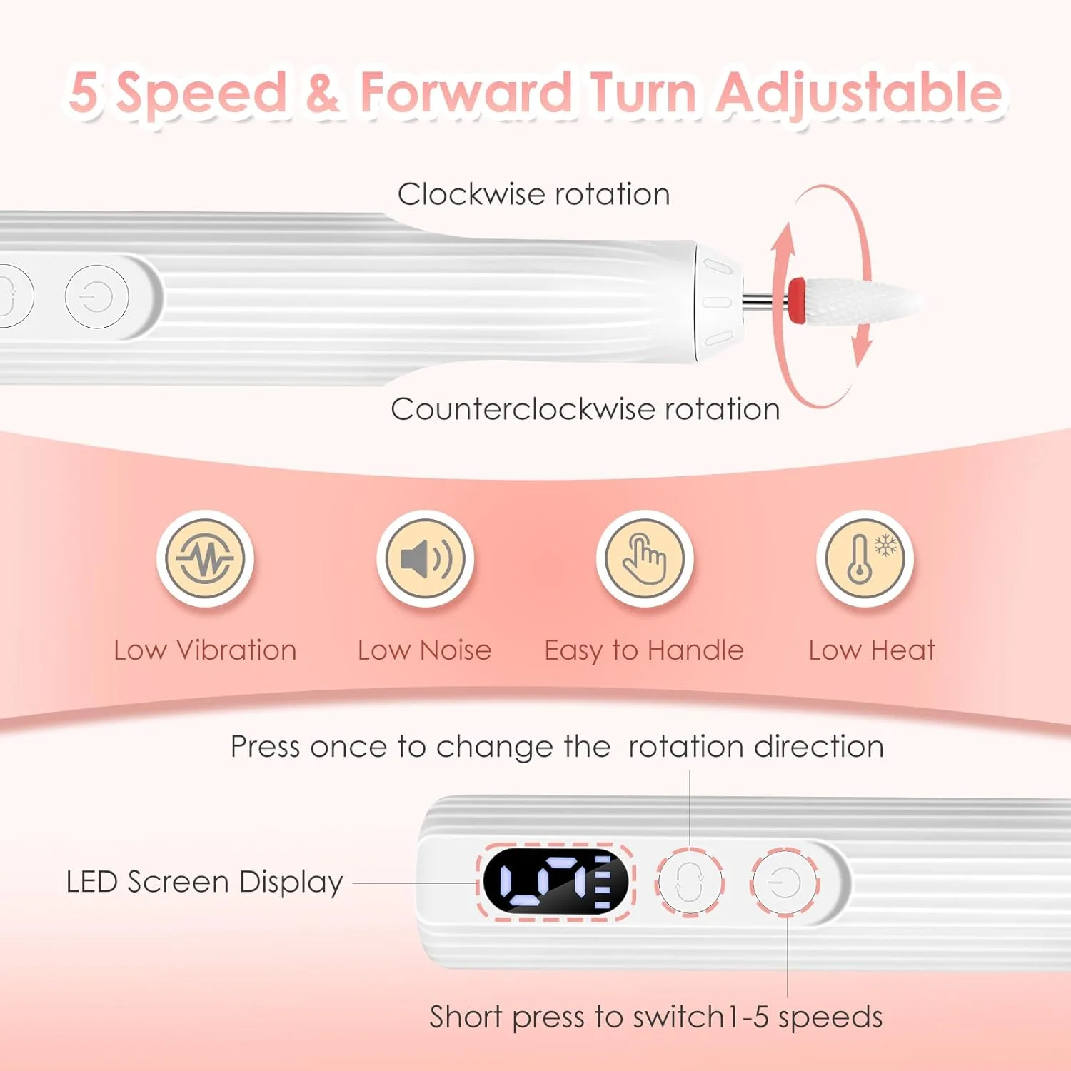 دستگاه سوهان برقی ناخن قابل حمل 3 در 1، 18000 دور در دقیقه با 5 سرعت قابل تنظیم، دارای چراغ ناخن داخلی، سوهان برقی حرفه ای ناخن با 12 سر سنگ زنی برای ابزارهای مانیکور و پدیکور DIY