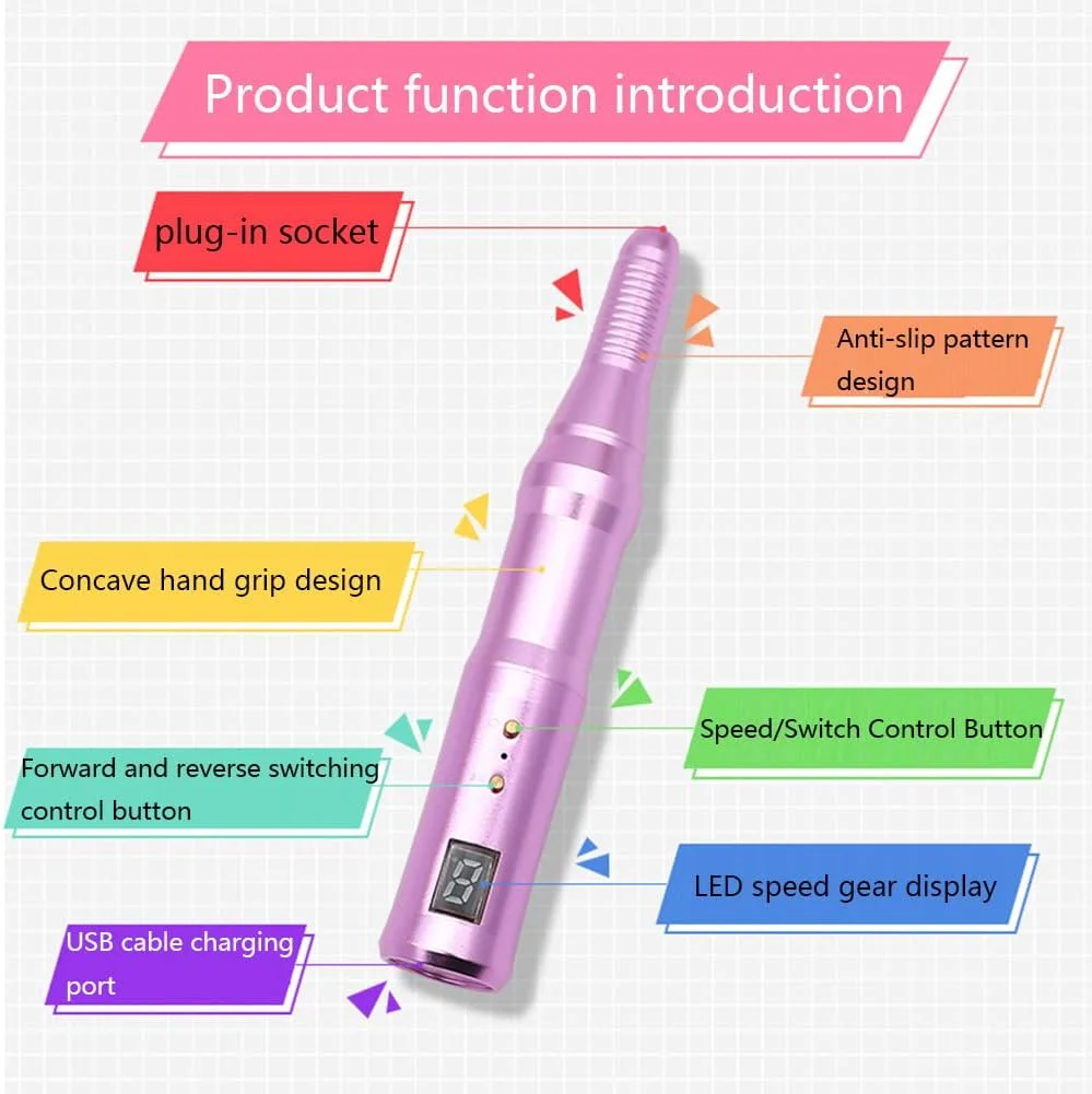 دستگاه سوهان برقی ناخن حرفه ای تمکین، قابل حمل، شارژی USB، با 2 سر سنگ زنی سرامیکی، برای ناخن های اکریلیک و ژلی، صورتی