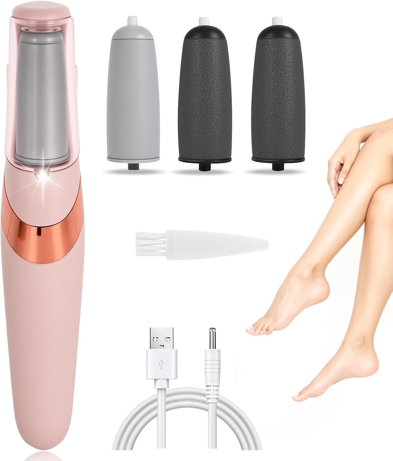 سوهان برقی پا - ابزار پدیکور و از بین بردن پوست سفت با قابلیت شارژ USB به همراه 4 سری غلتکی جایگزین، سوهان پا ضد آب برای پوست های سفت، پاشنه های ترک خورده و پوست های مرده - صورتی