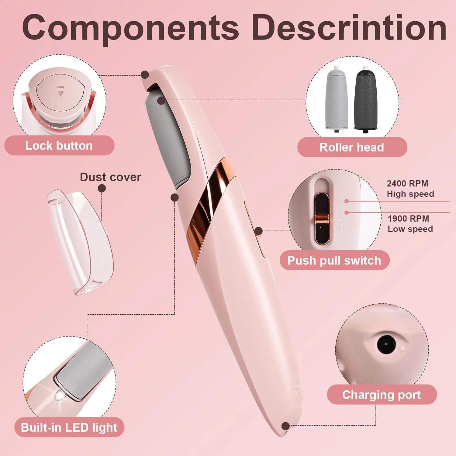 سوهان برقی پا - ابزار پدیکور و از بین بردن پوست سفت با قابلیت شارژ USB به همراه 4 سری غلتکی جایگزین، سوهان پا ضد آب برای پوست های سفت، پاشنه های ترک خورده و پوست های مرده - صورتی سوهان برقی پا - ابزار پدیکور و از بین بردن پوست سفت با قابلیت شارژ USB به همراه 4 سری غلتکی جایگزین، سوهان پا ضد آب برای پوست های سفت، پاشنه های ترک خورده و پوست های مرده - صورتی