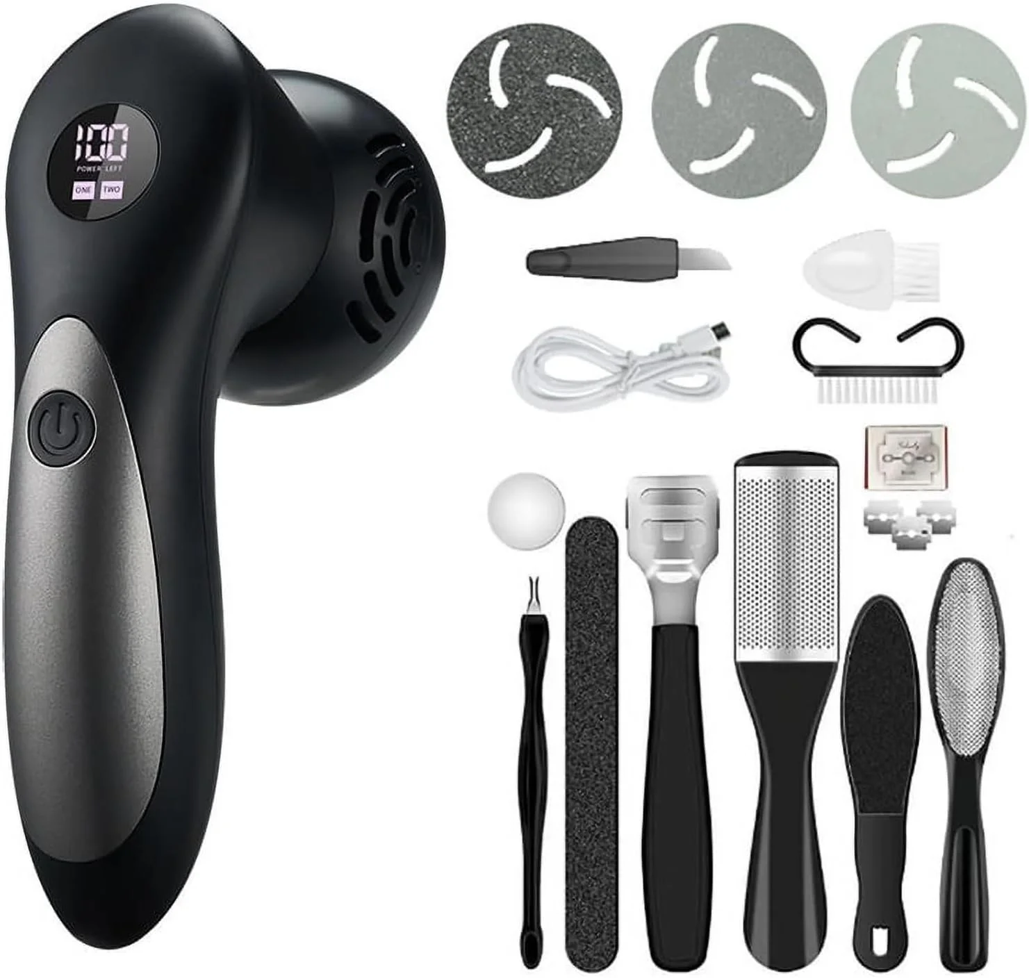 سوهان برقی پا، از بین برنده پوست سخت پا، سوهان برقی از بین برنده پینه پا، کیت پدیکور ضد آب با 3 سری و 2 سرعت - مشکی