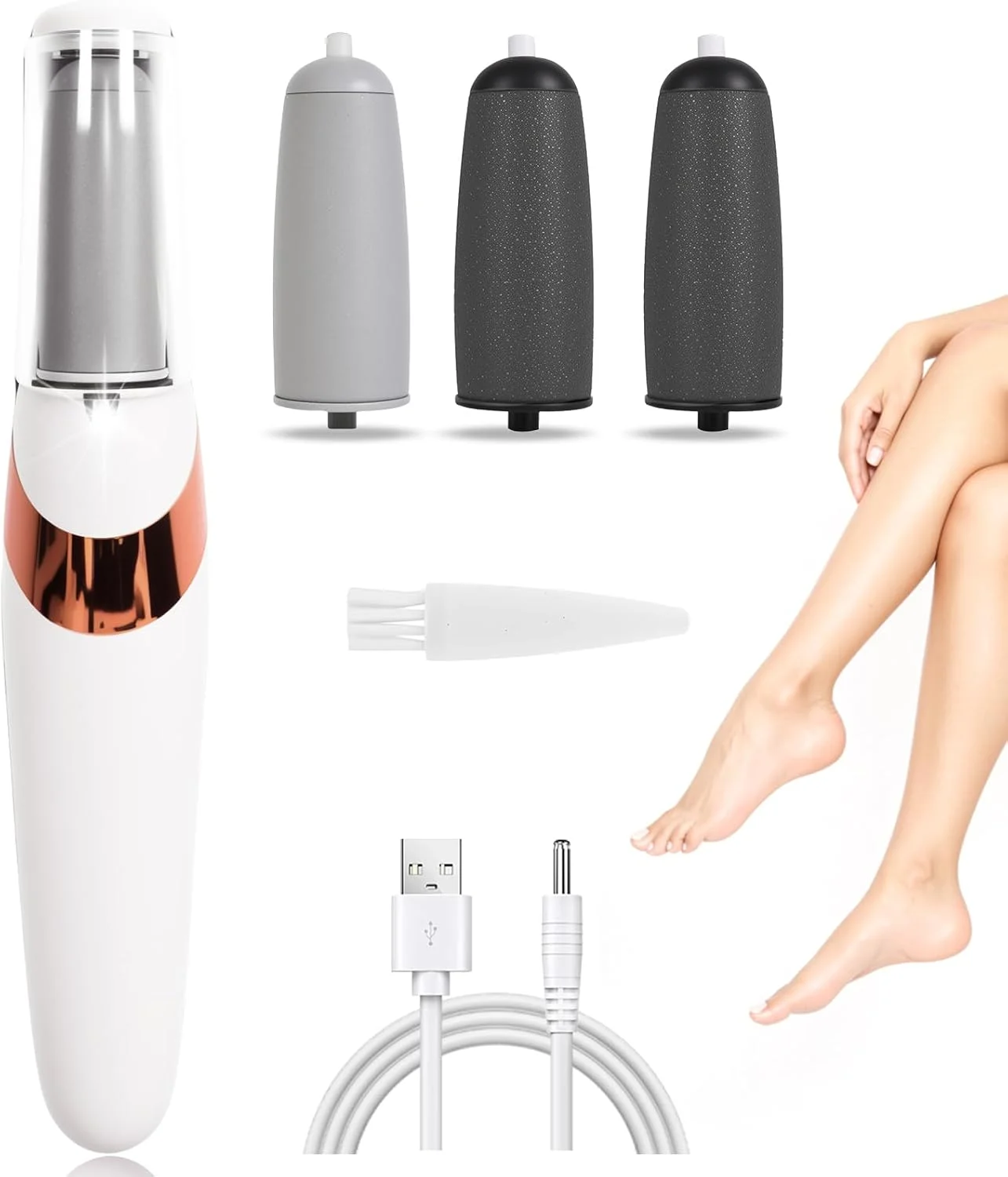 سوهان برقی پا - ابزار پدیکور و از بین بردن پوست سفت قابل شارژ USB با 4 سری غلتکی جایگزین، سوهان پا ضد آب برای پوست سفت، پاشنه های ترک خورده و پوست مرده، سفید