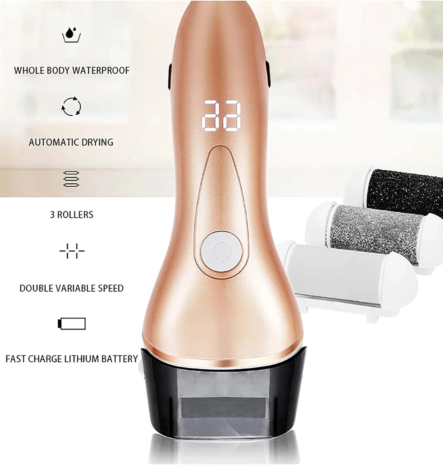 سوهان برقی پا با نمایشگر دیجیتال LED، ابزار پدیکور حذف پوست سخت با 3 سری غلتکی و 3 سرعت برای پاشنه های ترک خورده و پوست مرده، مشکی (آبی)