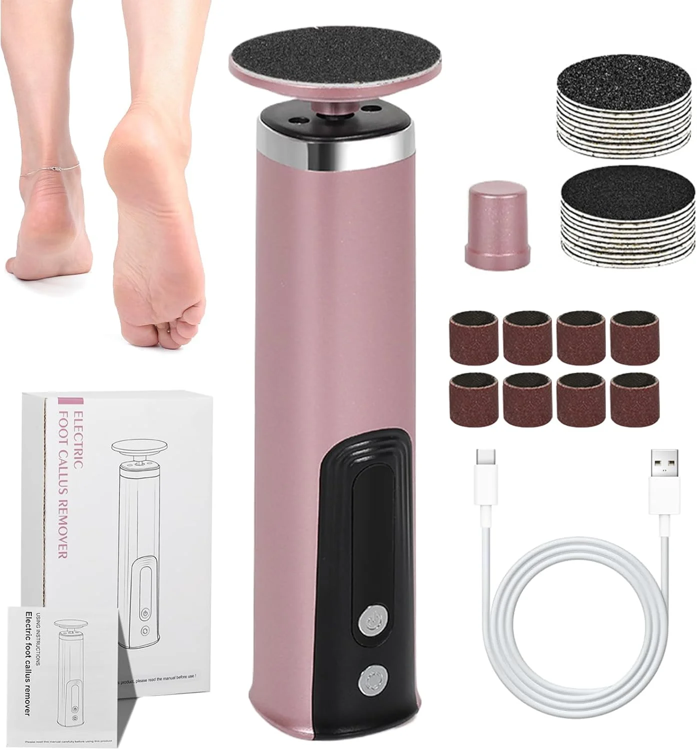 ابزار برقی از بین برنده پینه پا، سوهان پدیکور 2 در 1 برای پوست مرده - سوهان برقی پا با دیسک های سمباده ای و سرهای سنگ زنی برای زنان و مردان