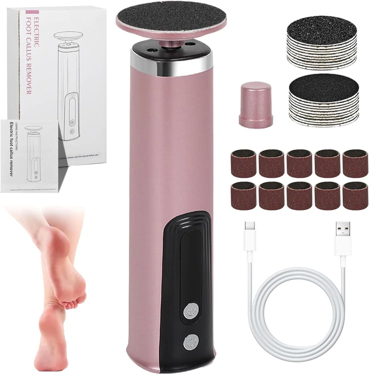 سوهان برقی پا - سوهان پدیکور 2 در 1 برای پوست مرده - دستگاه از بین برنده پینه پا برقی با دیسک های سمباده و سرهای سنگ زنی برای زنان و مردان