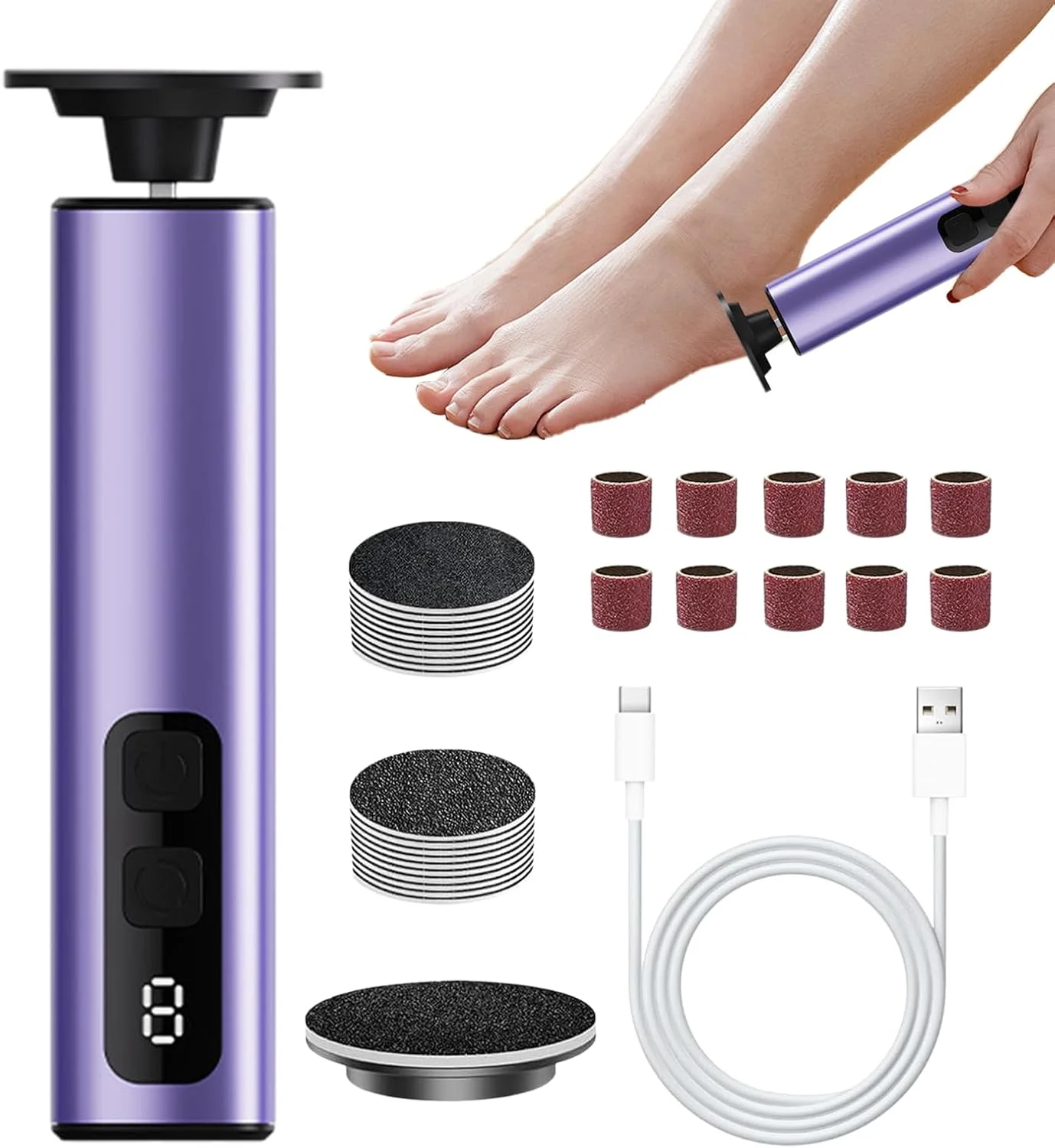 سوهان برقی پا، سمباده قابل حمل پا از بین برنده پینه | ابزار پدیکور پا، دیسک های سمباده و سرهای سنگ زنی، 9 سرعت برای پوست های مرده، ترک خورده و سخت