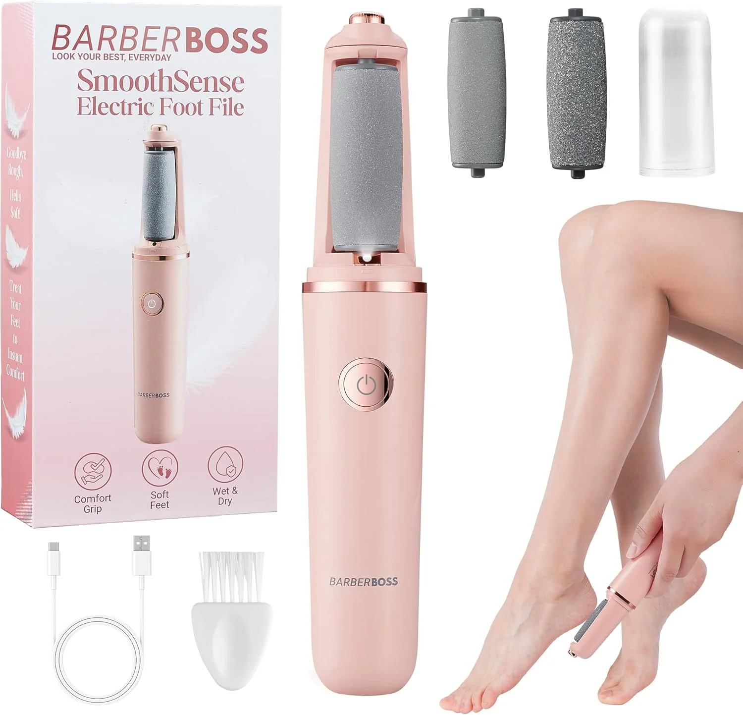 سوهان برقی پدیکور BarberBoss مدل QR-5102، از بین برنده پینه پا، قابل حمل، دارای سری های سمباده نرم و زبر، ضد آب، دارای قفل مسافرتی و شارژ USB