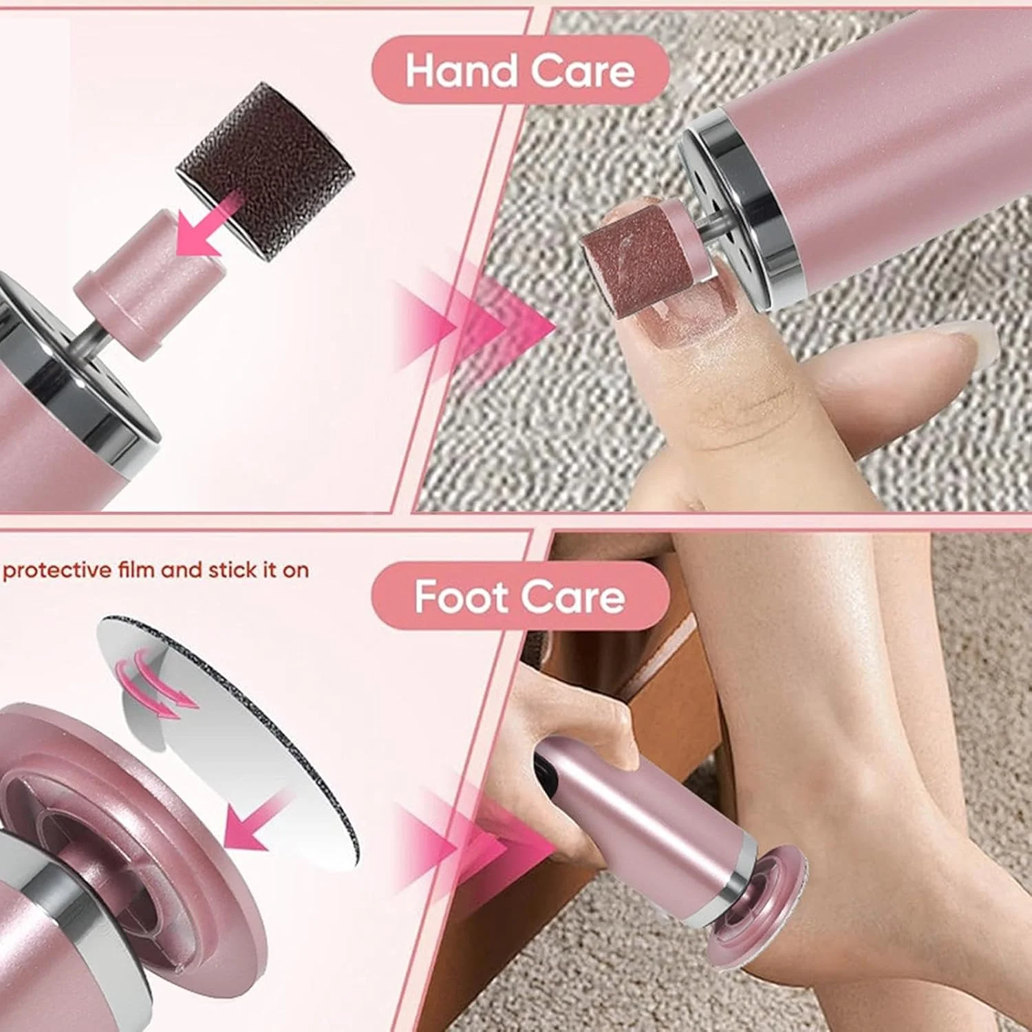 سوهان برقی پا - سوهان پدیکور 2 در 1 برای پوست مرده - دستگاه از بین برنده پینه پا برقی با دیسک های سمباده و سرهای سنگ زنی برای زنان و مردان