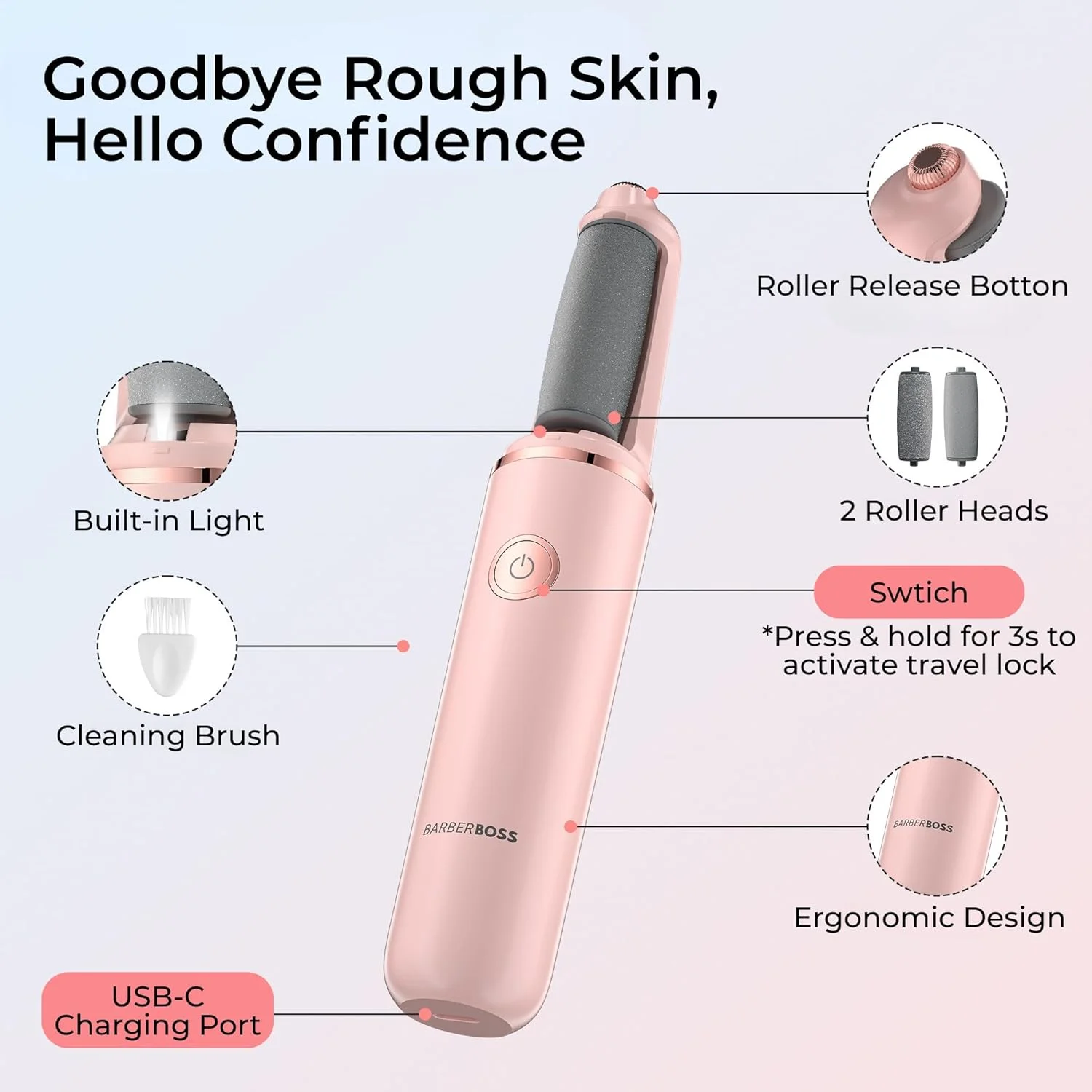 سوهان برقی پدیکور BarberBoss مدل QR-5102، از بین برنده پینه پا، قابل حمل، دارای سری های سمباده نرم و زبر، ضد آب، دارای قفل مسافرتی و شارژ USB