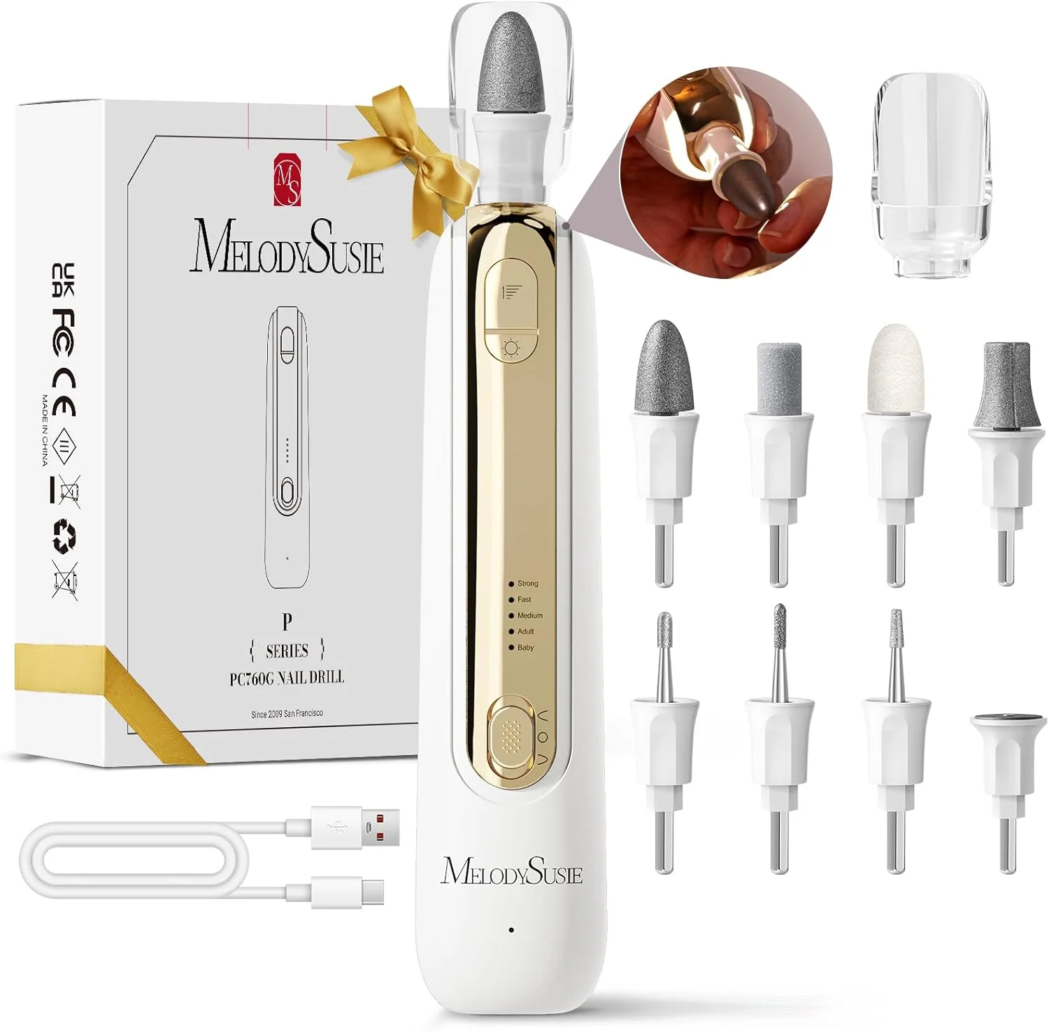 ست حرفه ای مانیکور پدیکور MelodySusie، ست دریل برقی ناخن 8 در 1 با 5 سرعت، سوهان برقی شارژی بی سیم با نور LED 360 درجه، ابزار عالی برای پولیش و پیرایش ناخن دست و پا - PC760G