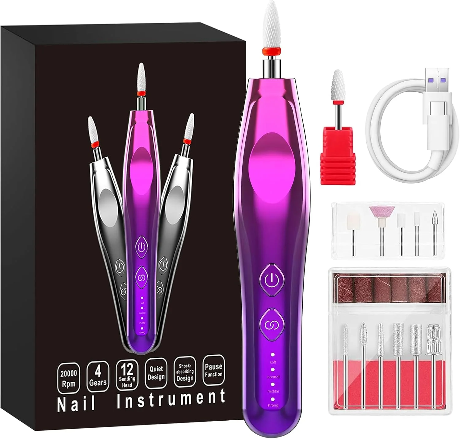 دستگاه سوهان برقی ناخن HIYAA، ابزار و لوازم جانبی مانیکور و پدیکور، دستگاه سوهان ناخن 4 حالته با سر سوهان سرامیکی برای مبتدیان با نور روشن، ست مانیکور قابل شارژ