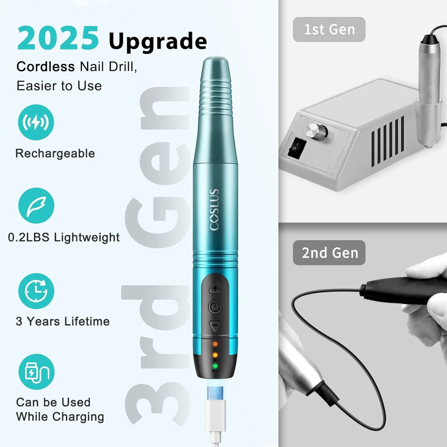 دستگاه سوهان برقی ناخن بی سیم COSLUS: حرفه ای برای ناخن های پودری آکریلیک ژل، کیت دستگاه سوهان ناخن قابل حمل برای مانیکور پدیکور، ست کامل ناخن با قابلیت شارژ و وزن سبک - آبی