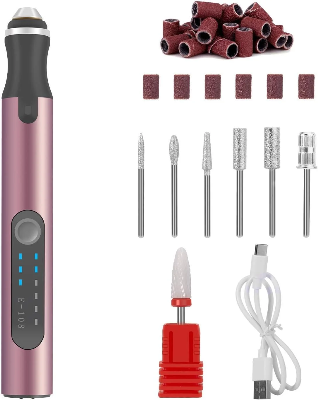 دستگاه سوهان برقی ناخن، دستگاه بافر ناخن شارژی و بی سیم قابل حمل، فایل برقی 20000 دور در دقیقه، کیت نیپر کوتیکول با مجموعه مته و برای مانیکور اکریلیک، سوهان پدیکور و پولیش (قرمز گل رز)