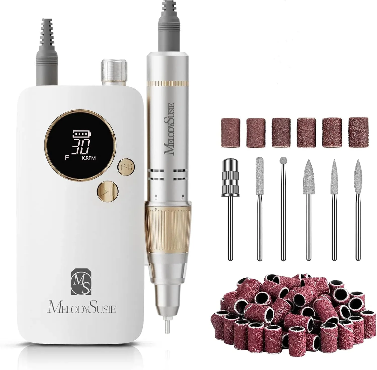 دستگاه سوهان برقی ناخن قابل حمل MelodySusie با سرعت 30000 دور در دقیقه، مدل SC320F، سوهان برقی حرفه ای قابل شارژ، سوهان برقی بی سیم برای از بین بردن لاک ژل و پولیش ناخن های اکریلیک، کیت سوهان برقی برای مانیکور سالن و منزل، سفید