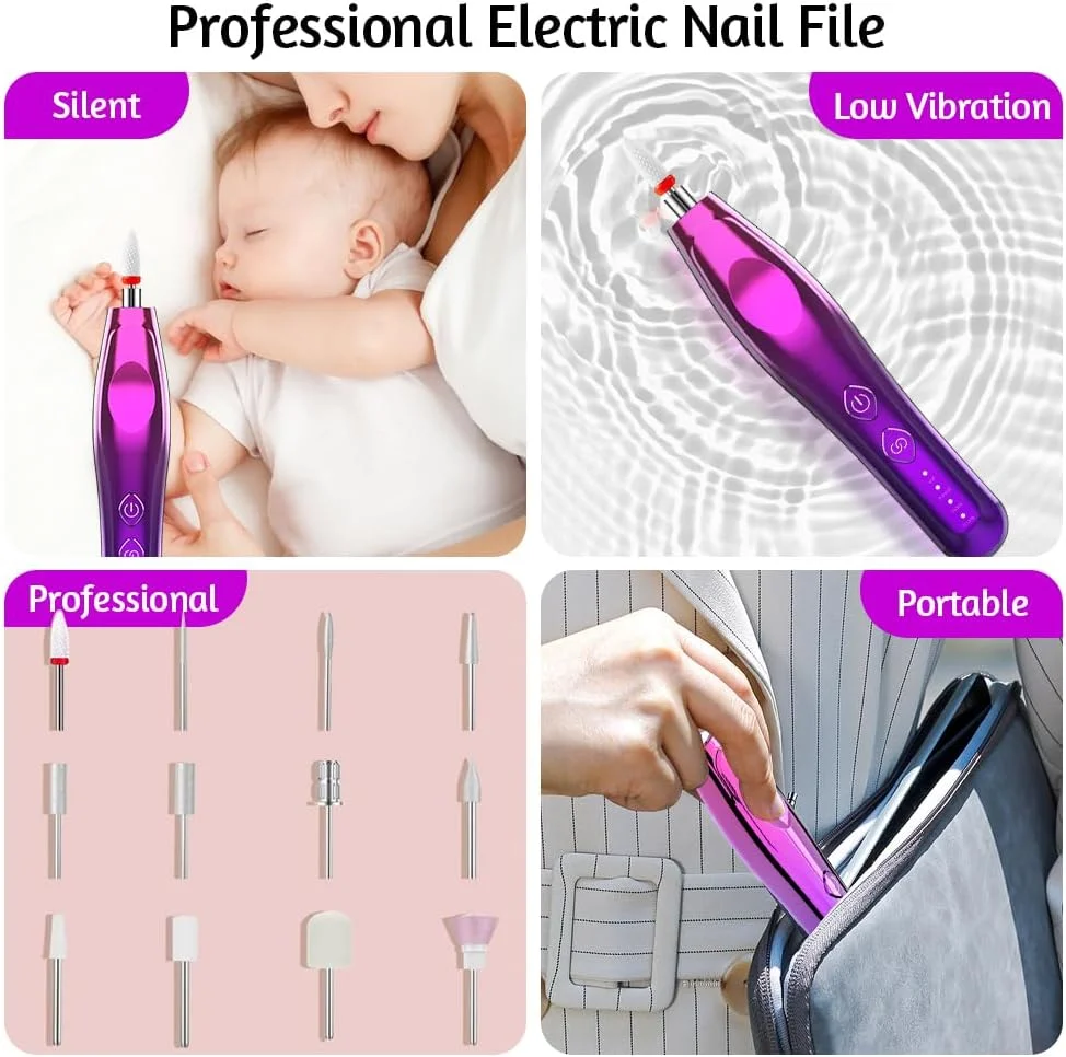 دستگاه سوهان برقی ناخن HIYAA، ابزار و لوازم جانبی مانیکور و پدیکور، دستگاه سوهان ناخن 4 حالته با سر سوهان سرامیکی برای مبتدیان با نور روشن، ست مانیکور قابل شارژ