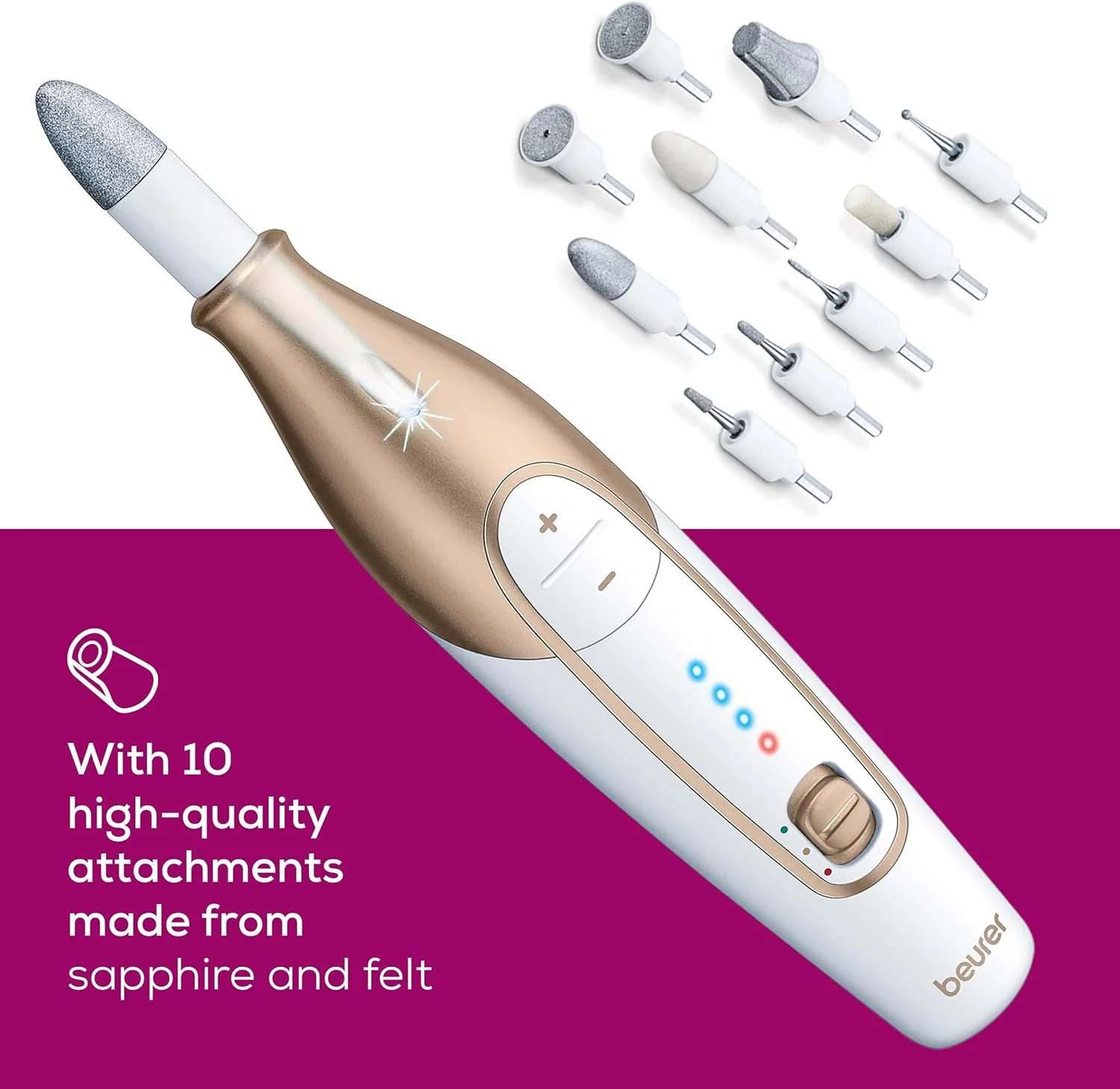 ست سوهان ناخن برقی بیورر MP64، سوهان ناخن برقی بدون سیم با 10 سری و چراغ LED، ست مانیکور برقی با سرعت قابل تنظیم، سوهان برقی برای مانیکور و پدیکور، با کیف نگهداری