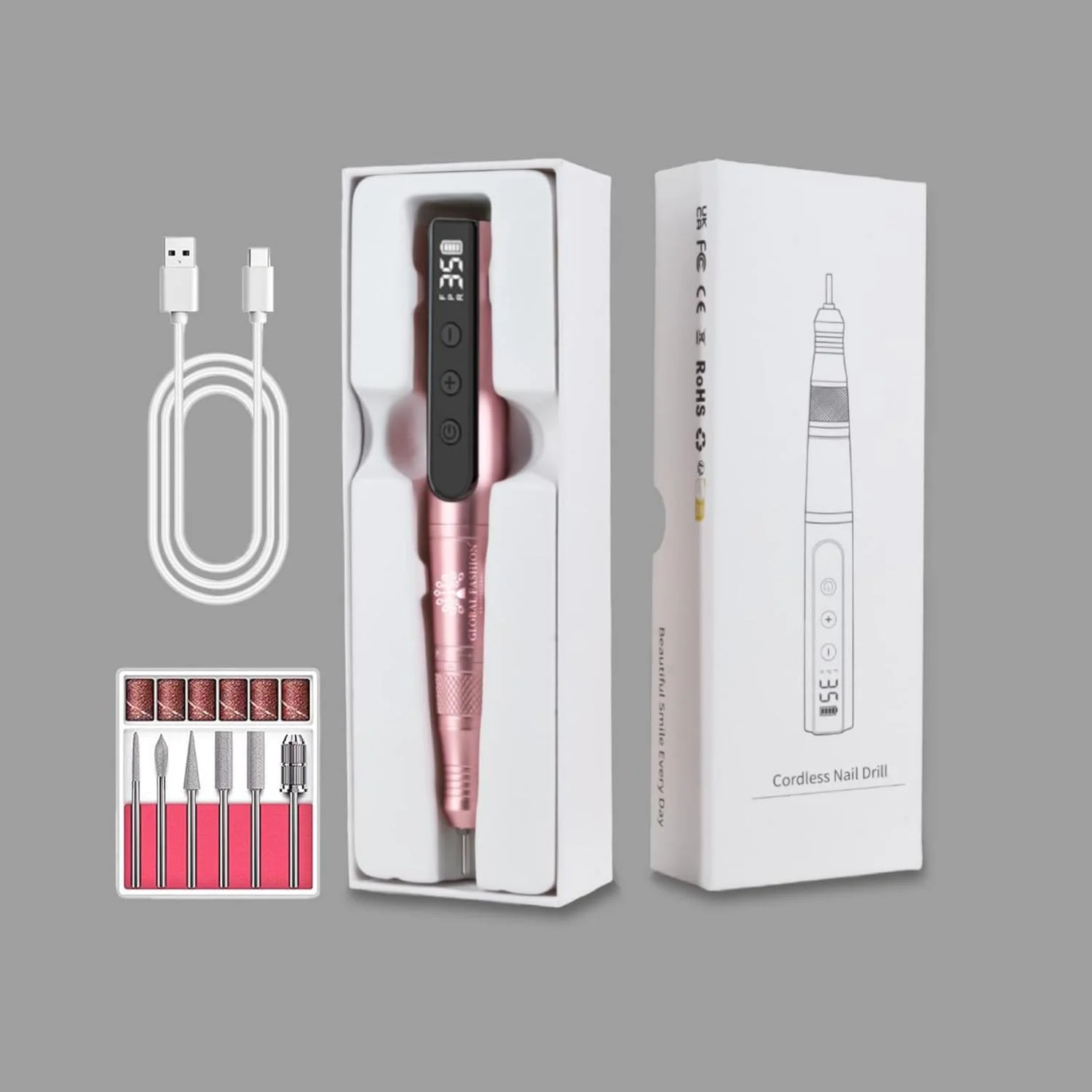 دستگاه سوهان برقی ناخن حرفه ای قابل شارژ 24 وات گلوبال فشن، کیت ای-فایل 35000 دور در دقیقه - کم صدا، قابل حمل، USB Type-C، باتری 800 میلی آمپر، 6 سری و نوارهای سنباده (نقره ای)