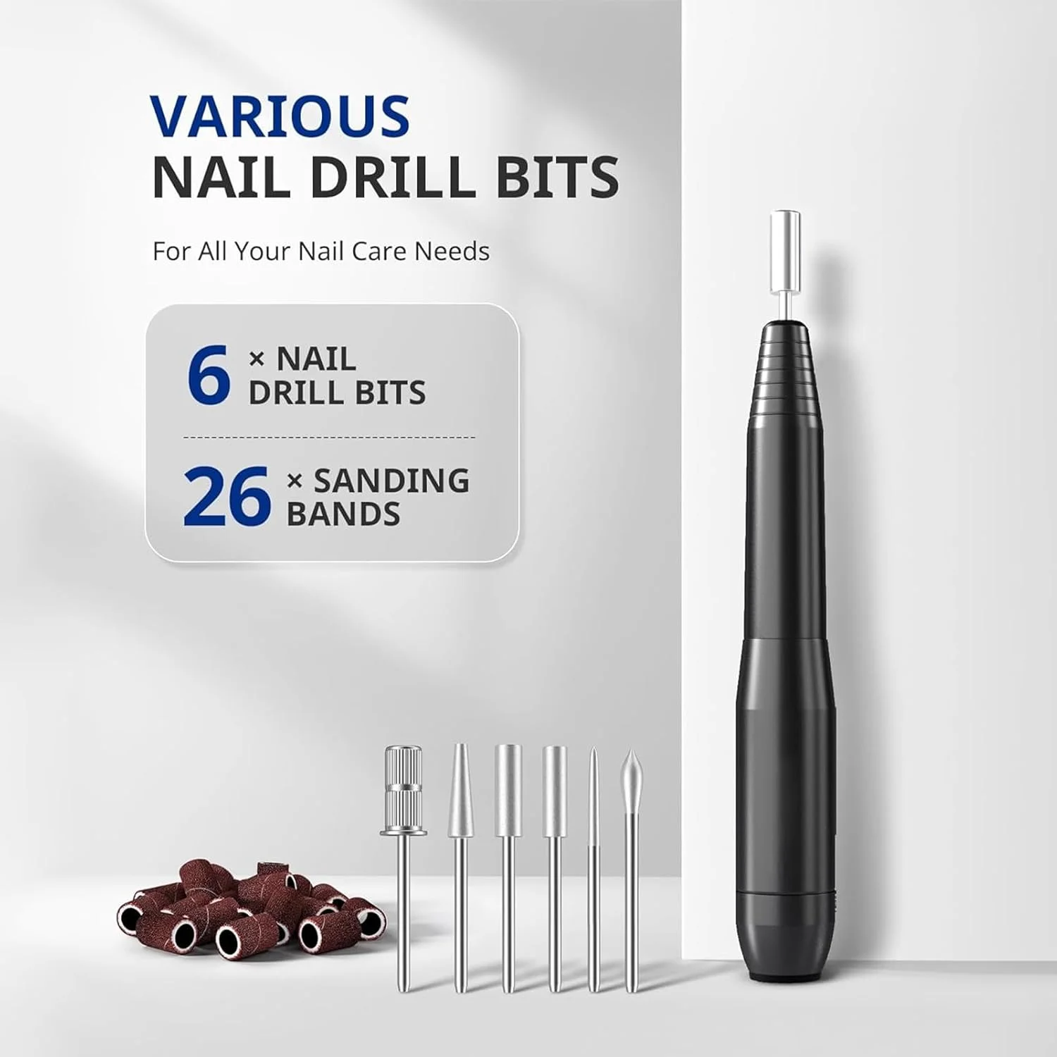 دستگاه سوهان برقی ناخن، دستگاه قابل حمل USB برای مبتدیان، کیت مانیکور پدیکور ناخن با 6 سری و 26 نوار سنباده برای پولیش ناخن های اکریلیک و ژل در خانه، مشکی