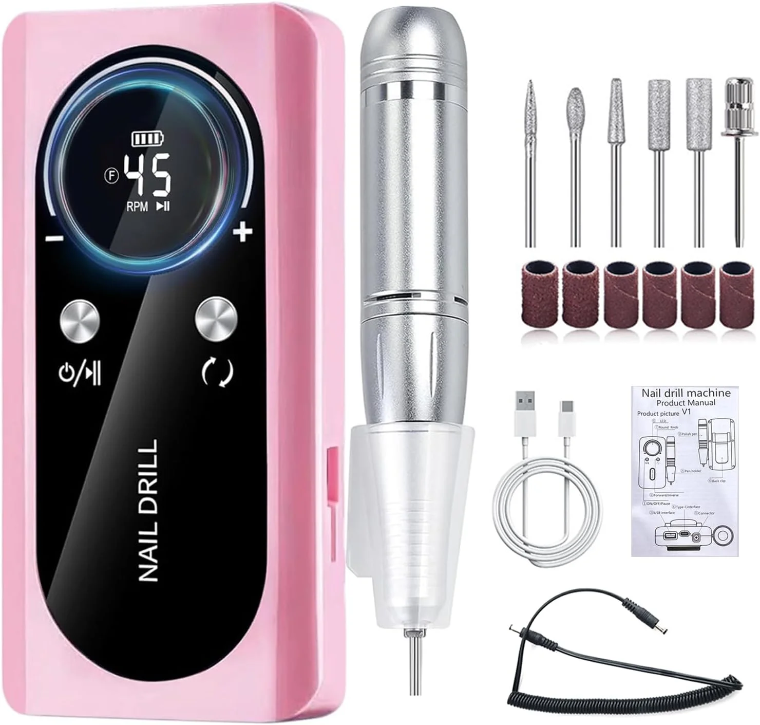 دستگاه سوهان برقی ناخن حرفه ای، 45000 دور در دقیقه، کیت سوهان برقی قابل شارژ با صفحه نمایش LCD هوشمند، کم صدا و قابل حمل برای ناخن های اکریلیک، ژل، مانیکور، پدیکور، برای سالن و استفاده خانگی (صورتی)