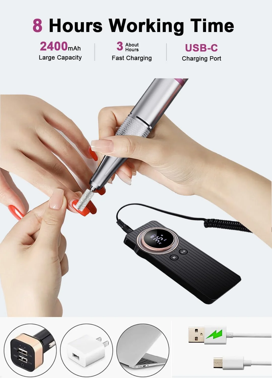 دستگاه سوهان برقی ناخن قابل حمل NALACAL، حرفه ای 35000 دور در دقیقه، مدل جدید 2024 شارژی و بی سیم، ماشین سوهان برقی ناخن برای پولیش ژل ناخن های اکریلیک، کیت 6 عددی سر سوهان برای مانیکور