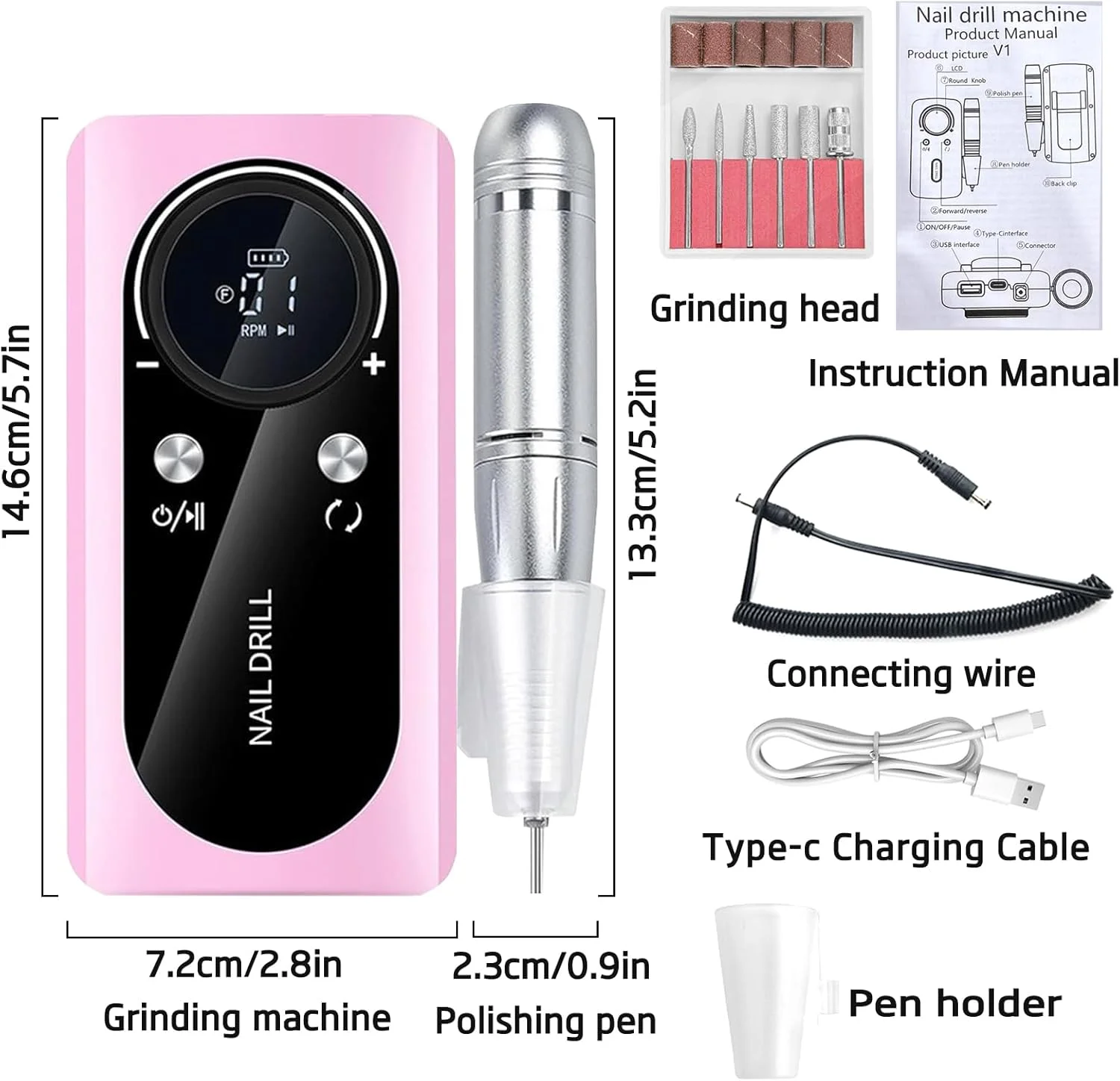 دستگاه سوهان برقی ناخن حرفه ای، 45000 دور در دقیقه، کیت سوهان برقی قابل شارژ با صفحه نمایش LCD هوشمند، کم صدا و قابل حمل برای ناخن های اکریلیک، ژل، مانیکور، پدیکور، برای سالن و استفاده خانگی (صورتی)