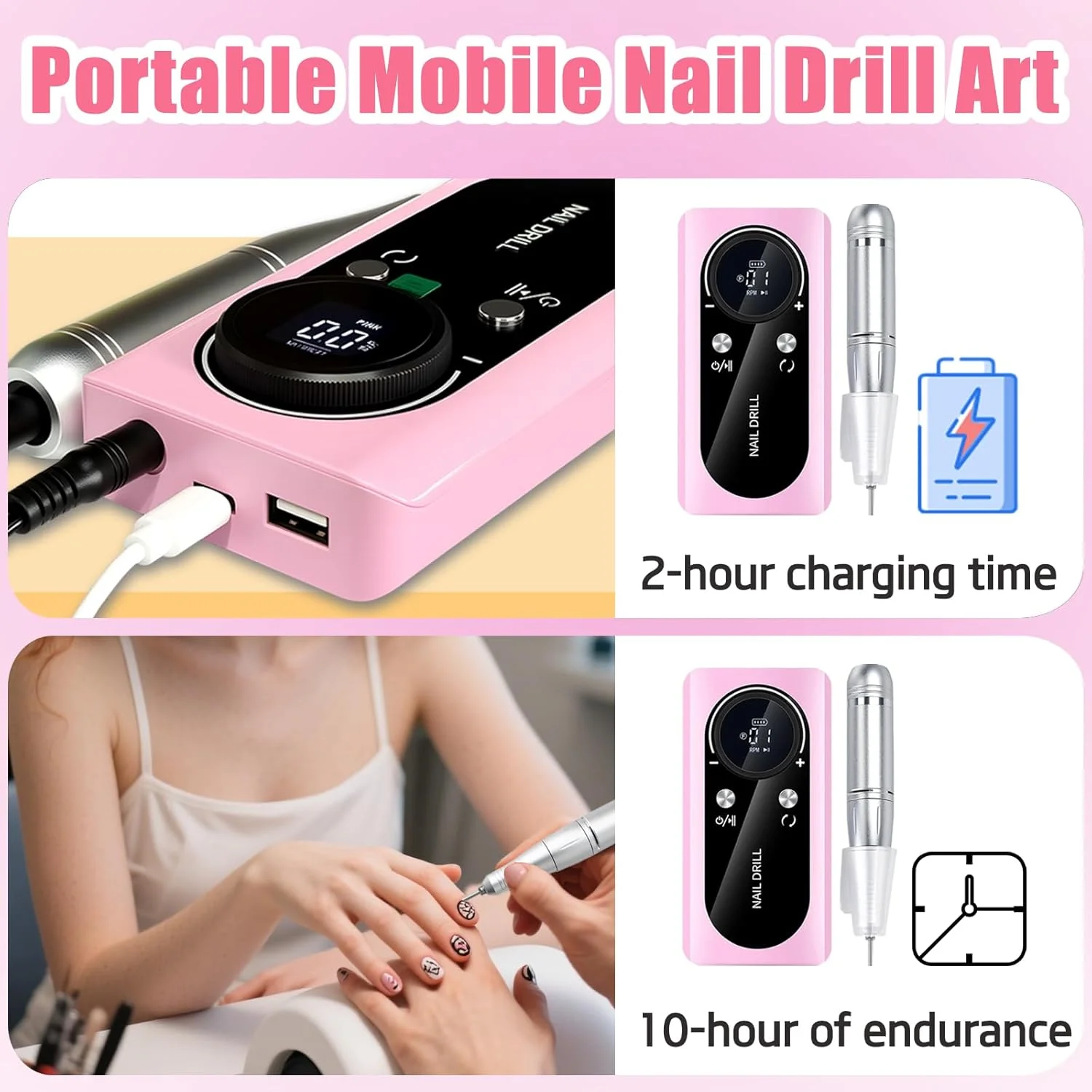 دستگاه سوهان برقی ناخن حرفه ای، 45000 دور در دقیقه، کیت سوهان برقی قابل شارژ با صفحه نمایش LCD هوشمند، کم صدا و قابل حمل برای ناخن های اکریلیک، ژل، مانیکور، پدیکور، برای سالن و استفاده خانگی (صورتی)