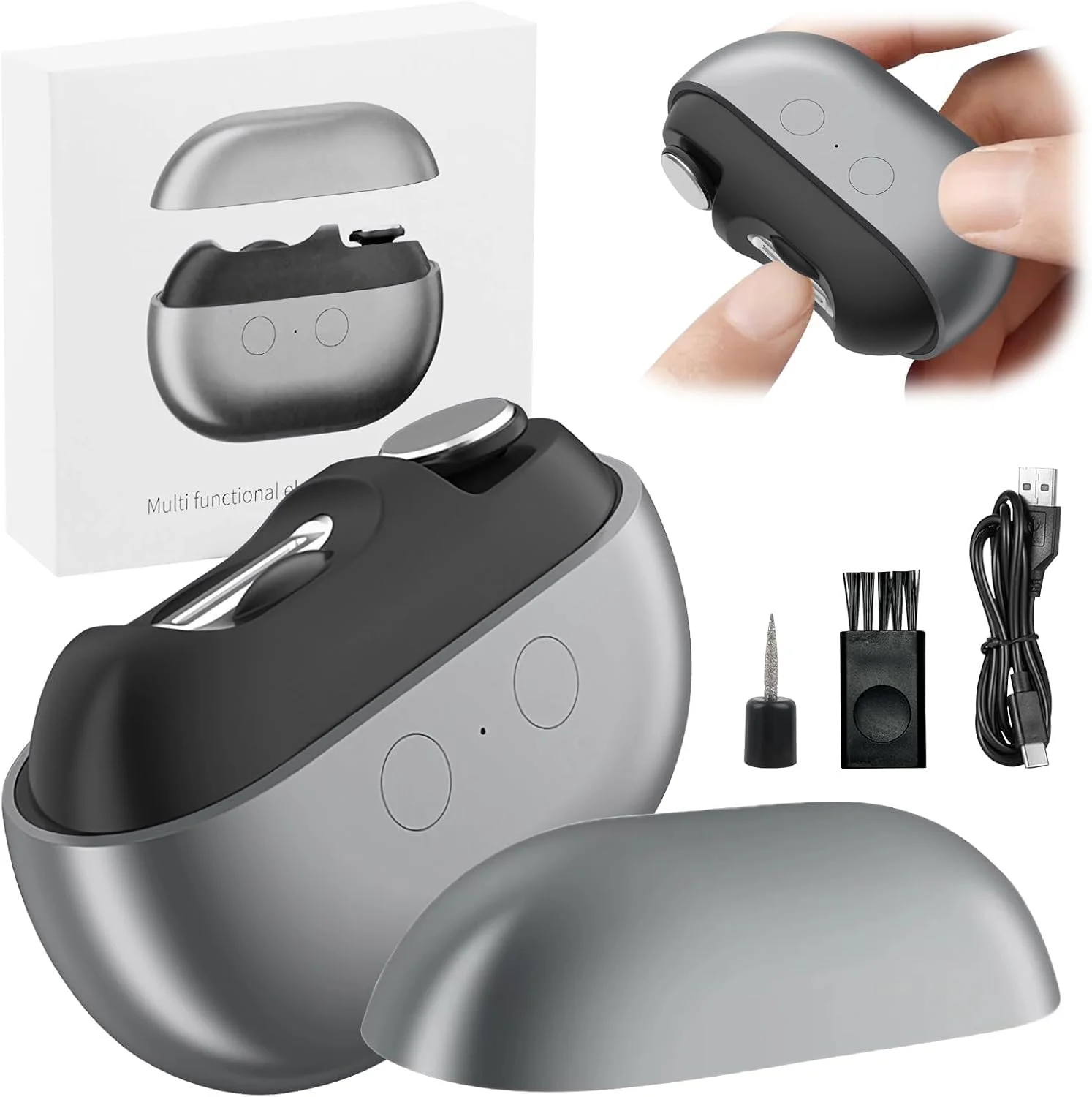 ناخن گیر برقی MK&S – ناخن گیر اتوماتیک 3 در 1، سوهان و پولیشر ناخن ایمن با چراغ LED و محفظه نگهداری ناخن | ناخن گیر قابل شارژ USB، کم صدا برای نوزاد و کودک (خاکستری)