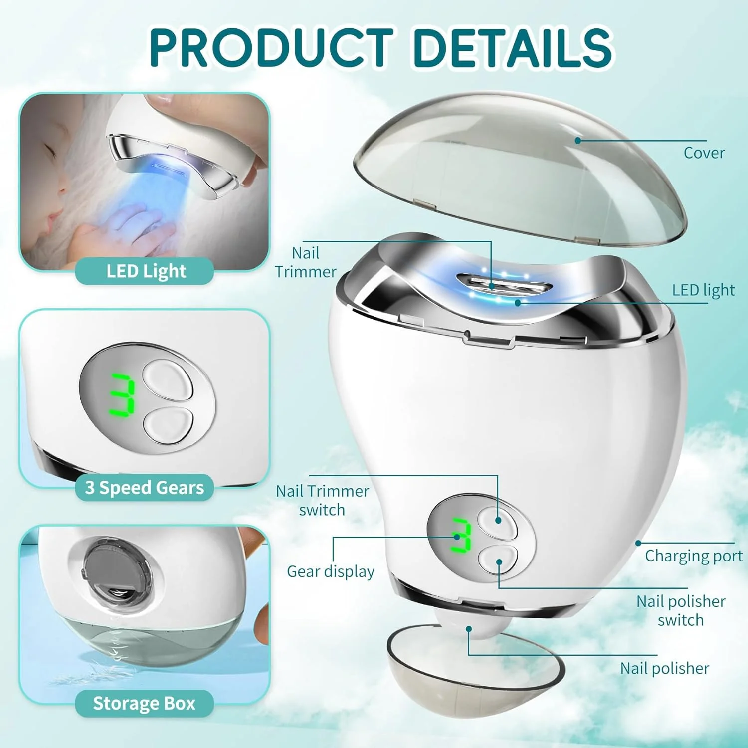 ناخن گیر برقی Koeay با چراغ LED و سوهان ناخن، نمایشگر دیجیتال LCD با 3 سرعت، محفظه نگهداری ناخن، ناخن گیر ایمن قابل شارژ USB برای نوزاد، کودک، سالمند، مراقب، سفید