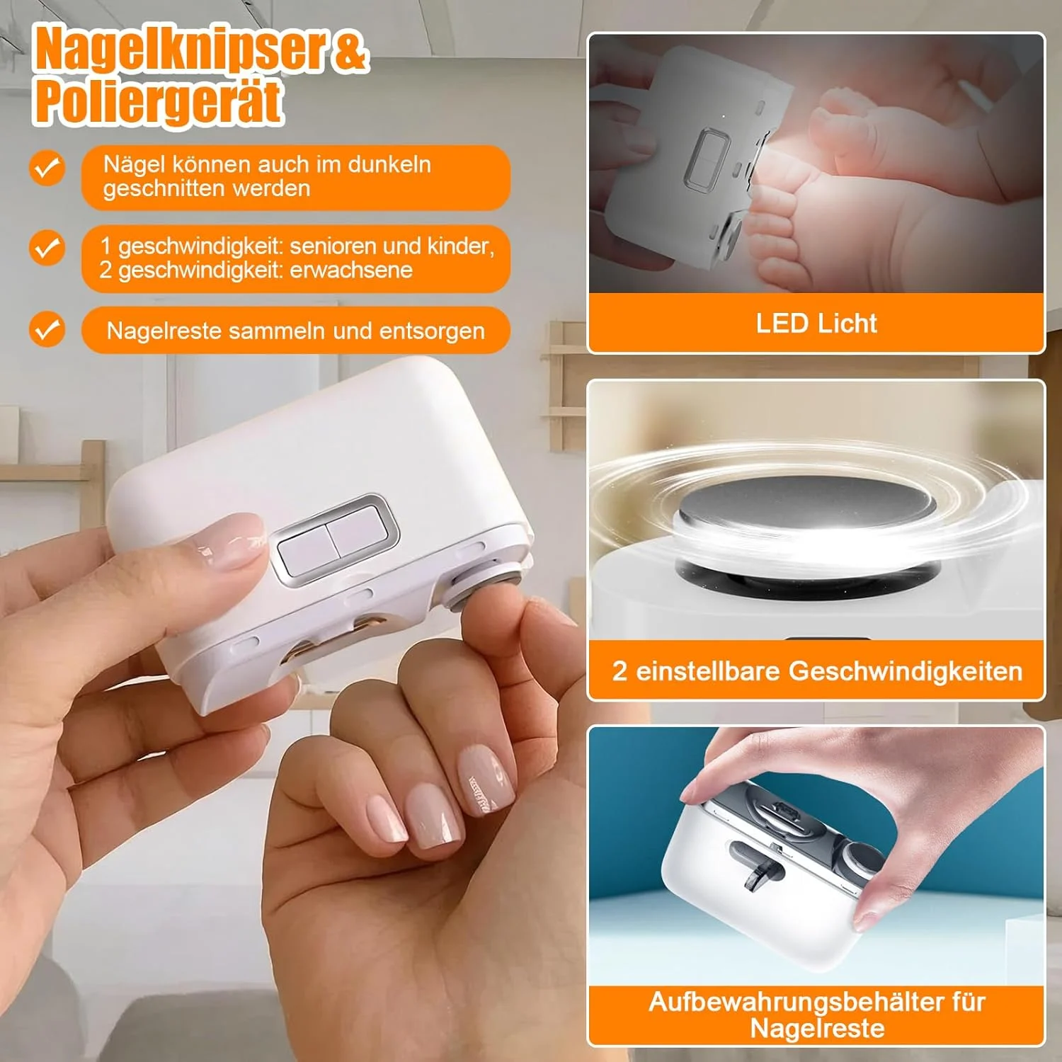 ناخن گیر برقی، سوهان ناخن 2 در 1 کودک، ناخن گیر و پولیشر برقی اتوماتیک، ماشین اصلاح ناخن برقی با چراغ LED برای نوزادان، کودکان، بزرگسالان و سالمندان