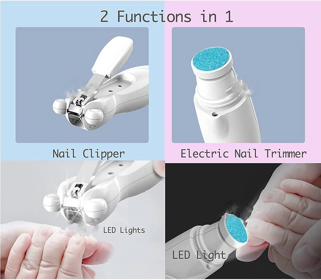 ناخن گیر برقی کودک، 20 در 1، با چراغ و سرهای تعویضی برای نوزاد، کودک نوپا و بزرگسالان، مراقبت از ناخن کودک، پولیش و مرتب کردن