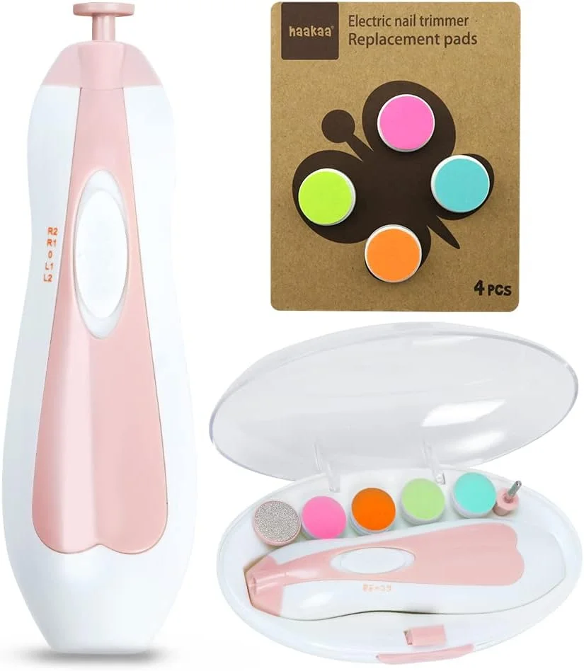 ست سوهان ناخن برقی کودک هاآکا با پدهای تعویضی، ست ایمن برای مراقبت از ناخن نوزاد، کودک نوپا و بزرگسال، فوق العاده کم صدا با چراغ LED