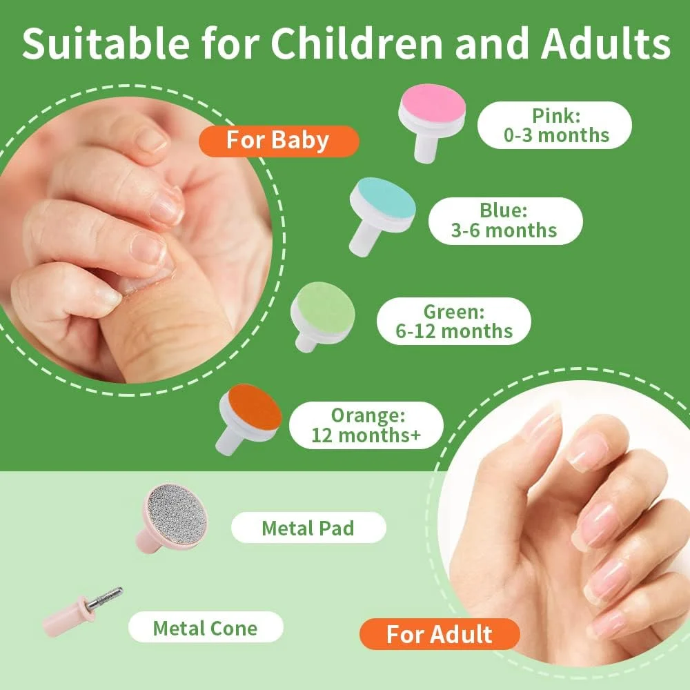 ست سوهان ناخن برقی کودک هاآکا با پدهای تعویضی، ست ایمن برای مراقبت از ناخن نوزاد، کودک نوپا و بزرگسال، فوق العاده کم صدا با چراغ LED